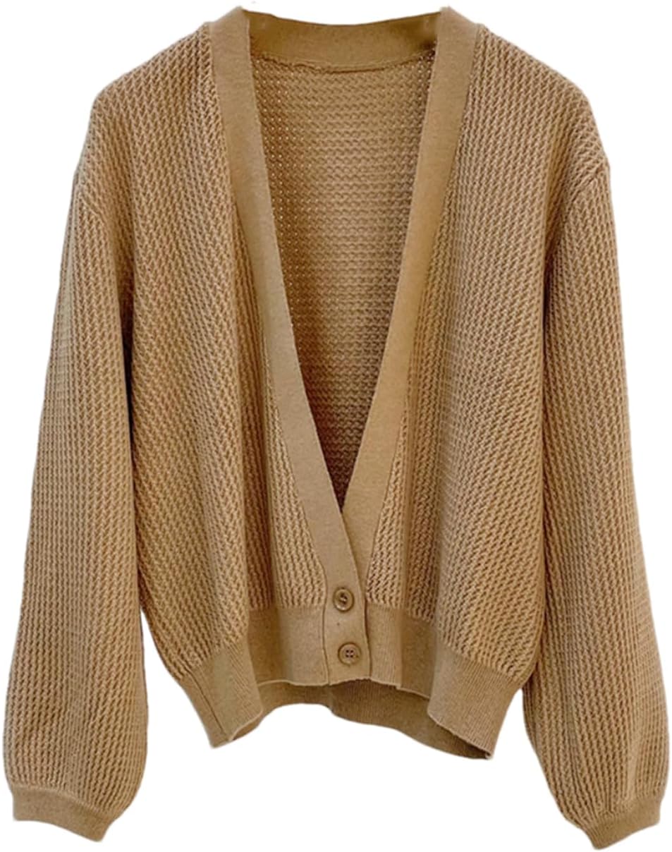 Women Solid V-Neck Sweaters Two-Button Long-Sleeved Knit