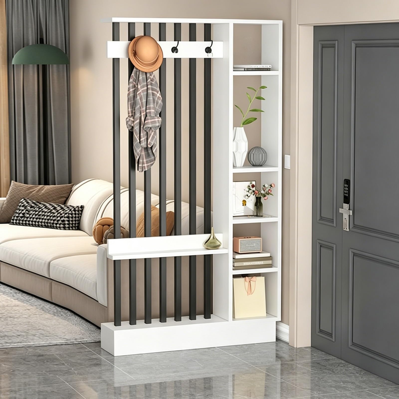 Wall Room Divider, Freestanding Slat Partition with Coat Rack & Shelves, Modern Privacy Screen for Entryway, Living Room and Hallway(White+Black,100cm/39.4in)