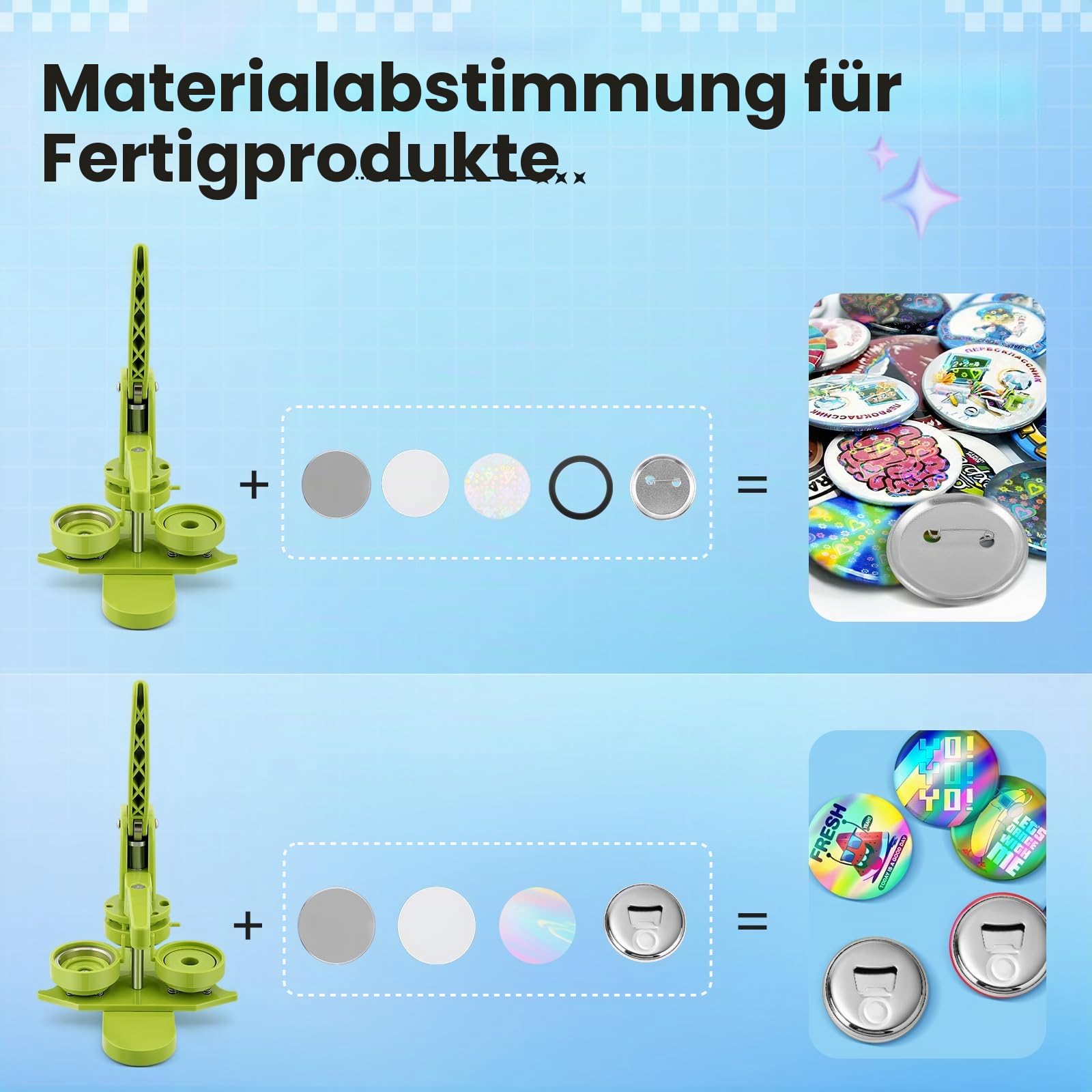 Buttonmaschine Knopfmacher 58mm DIY Buttonpressen-Set ohne Installationsaufwand mit 50 Sets Flaschenöffner-Kühlschrankmagneten und 50 Anstecknadel-Herstellungsset, Regenbogenfolie & Rundschneider