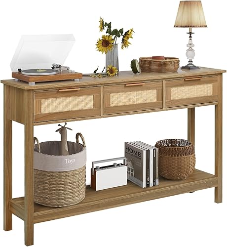 Miniatura 10 de LAZZO Mesa de consola de ratán mesa de entrada bohemia mesa de sofá larga y estrecha mesa de pasillo mesa de vestíbulo mesa detrás del sofá con 3