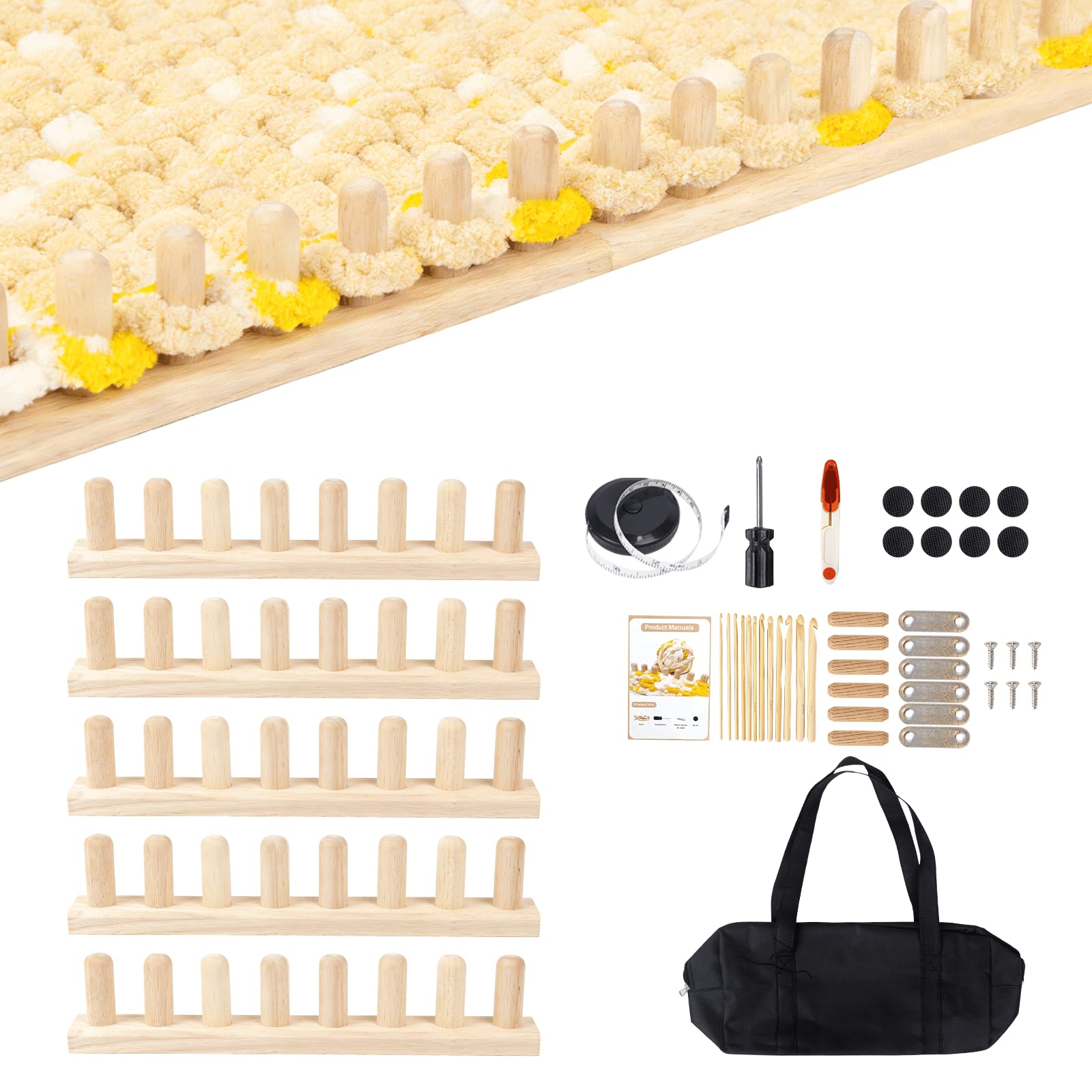 WodGod 78.5” Extra Long Chunky Blanket Loom Kit, Adjustable Knitting Loom for Chunky Yarn, Modular Yarn Loom for Blankets with Storage Backpack, Anti-Slip Rubber Wood Loom Knitting Set