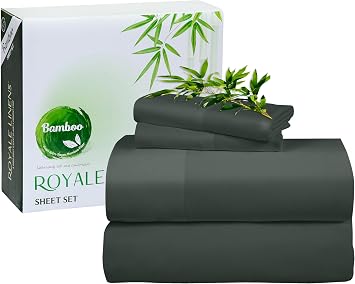 ROYALE LINENS Bamboo Viscose Full Sheet Set - Cooling Bed Sheet Set - 1 Fitted, 1 Flat & 2 Pillowcase - Fits Up to 16" - Organic Viscose Derived from Bamboo - Bedding Sheet & Pillowcase Full, Grey