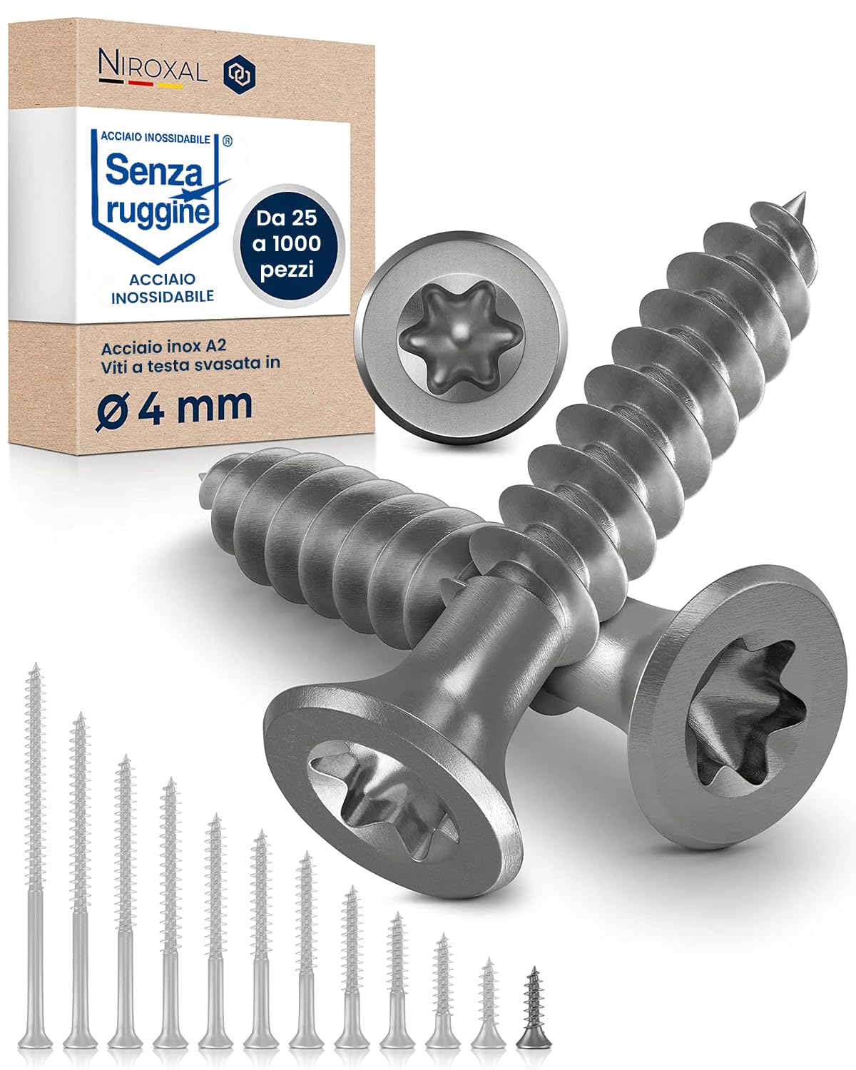 Viti per legno Ø4x16 mm testa svasata 90° TX20 – acciaio inox A2 V2A – filetto totale – testa rinforzata – per fai da te e hobbisti – 100 pezzi – per fissaggi precisi