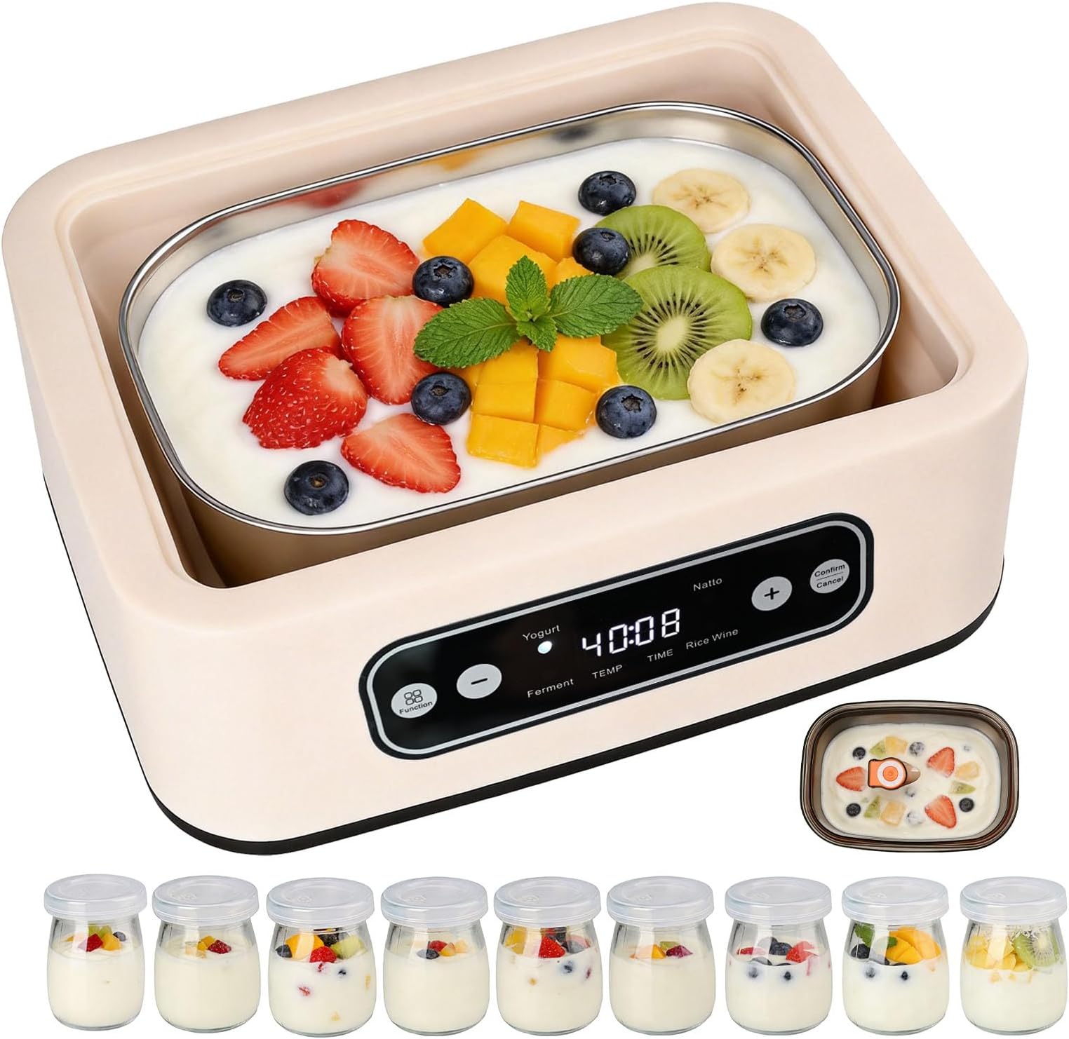 Yogurt Maker with, Real-Time Countdown, Temp & Timer Control (1-99h),Temp Control 21°C-48°C, 1.6L Stainless Steel Inner Pot + 9 Dishwasher-Safe Jars – Effortless Homemade Greek & Probiotic Yogurt