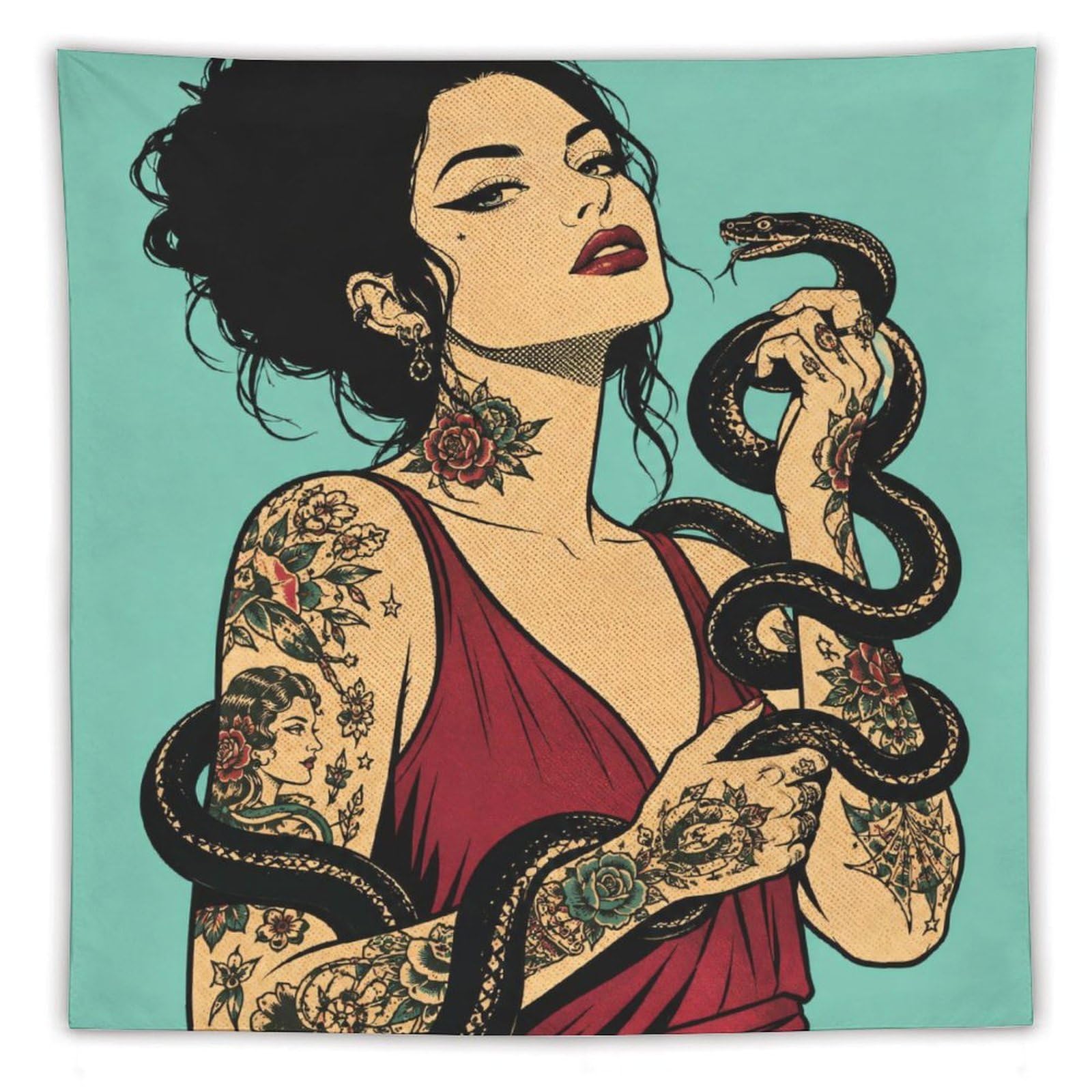 W7C8U2X3 Tattooed Woman with Snake Wall Tapestry, Pop Art, College Dorm