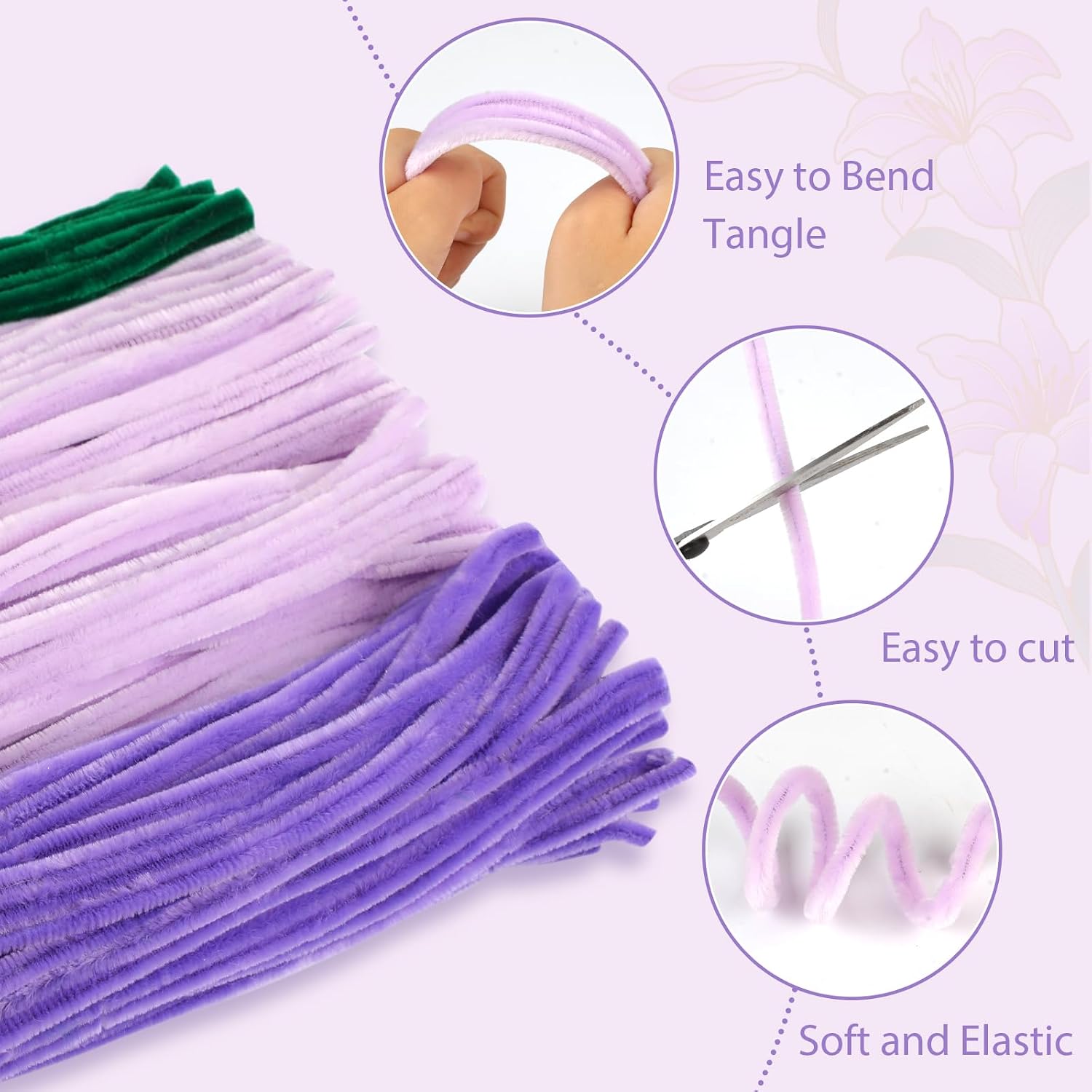 400 Piece Pipe Cleaner Craft, 4 Color Pipe Cleaners Bulk, Chenille Stems for DIY Flower Making Kits with Hot Melt Adhesive, Gardening Tape, Stamens (Purple)