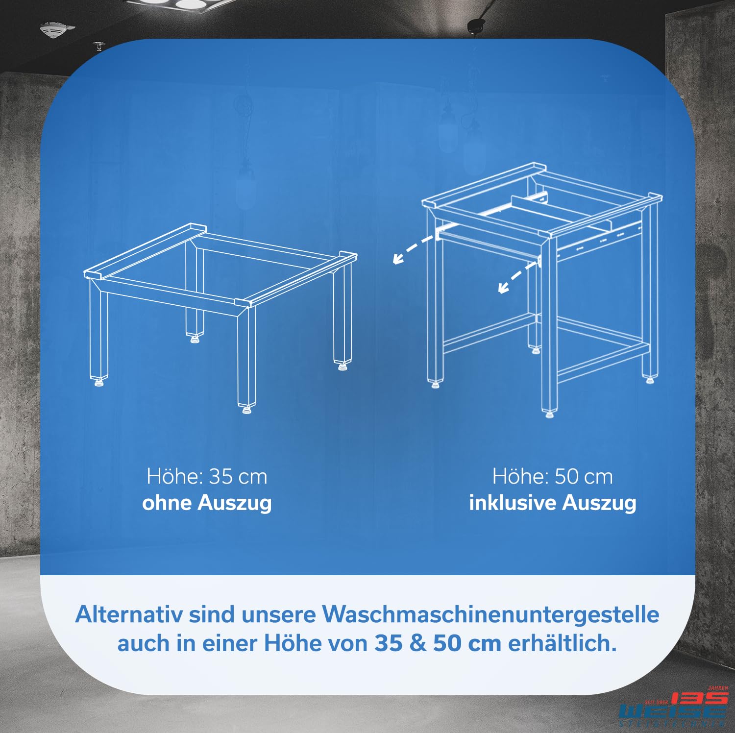 Weise MARA 1 Untergestell für Waschmaschine & Trockner, 50 cm, ohne Auszug | 4 Beine; bis 1.000 kg Tragkraft; für stark schwingende Maschinen