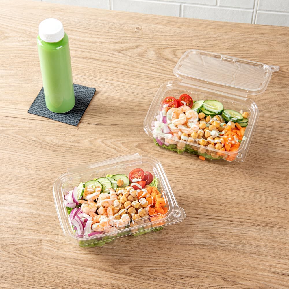 Restaurantware Tamper Tek 20 Ounce Rectangle Take Out Containers 100 Durable Salad To-Go Boxes - Tamper-Evident Freezable Clear Plastic Salad Containers Disposable With Hinged Lids
