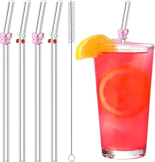 4 Pcs Reusable Glass Straws with 1 Cleaning Brushes Colorful Cherry and Pink Bow Design Glass Straws Coquette Party Decor Bow Party Bachelorette Decor Bridal Engagement Drinkware