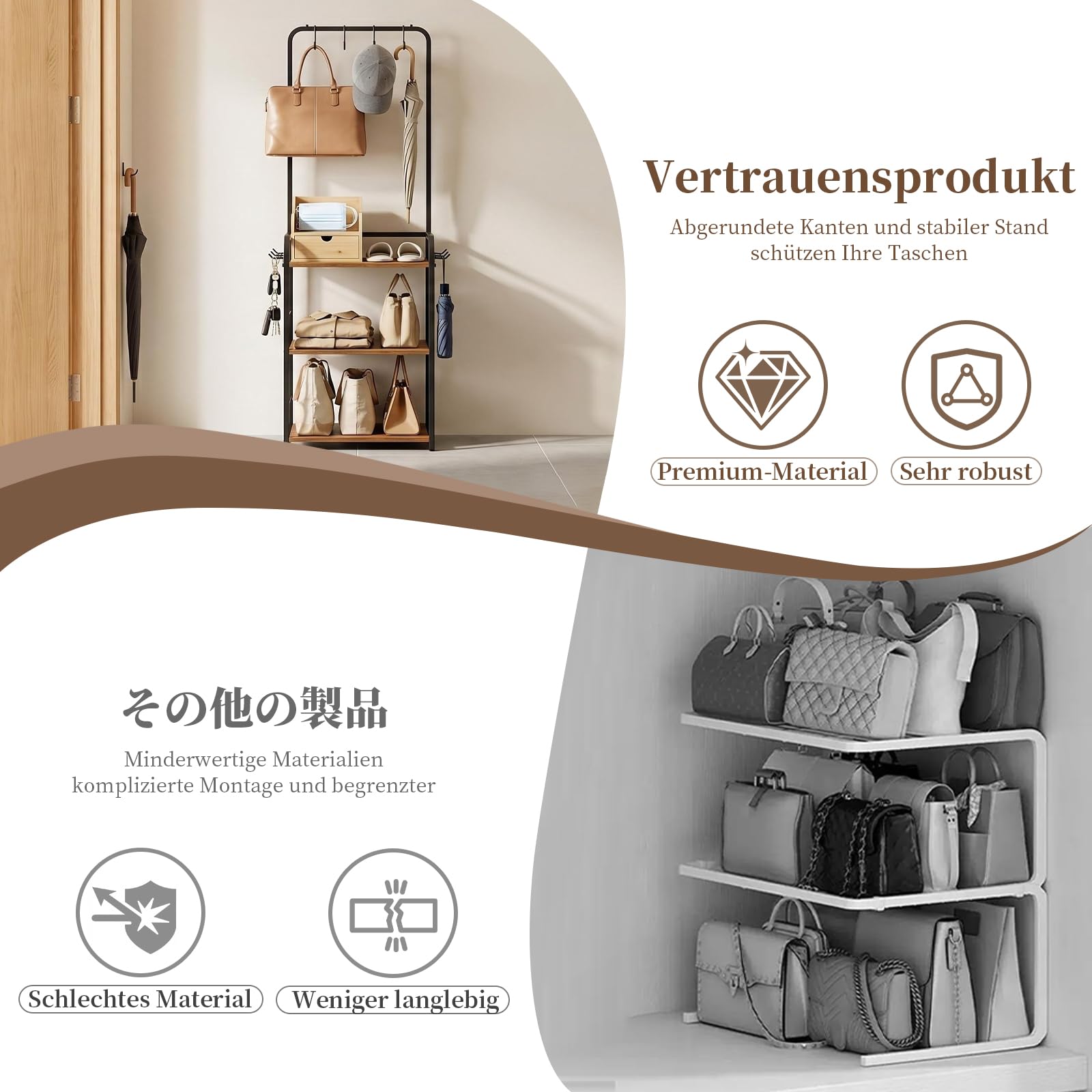 KZOBYD Organiseur de sac à main avec 3 étagères, crochets de suspension et crochets latéraux | Métal et bois, noir, sac de rangement étroit, pour chambre à coucher, couloir et dressing, 39 x 30 x 144 cm