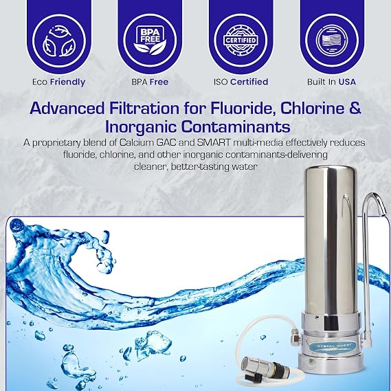 Crystal Quest Countertop Replaceable Single Fluoride Multi-Plus Water Filter System - Stainless Steel