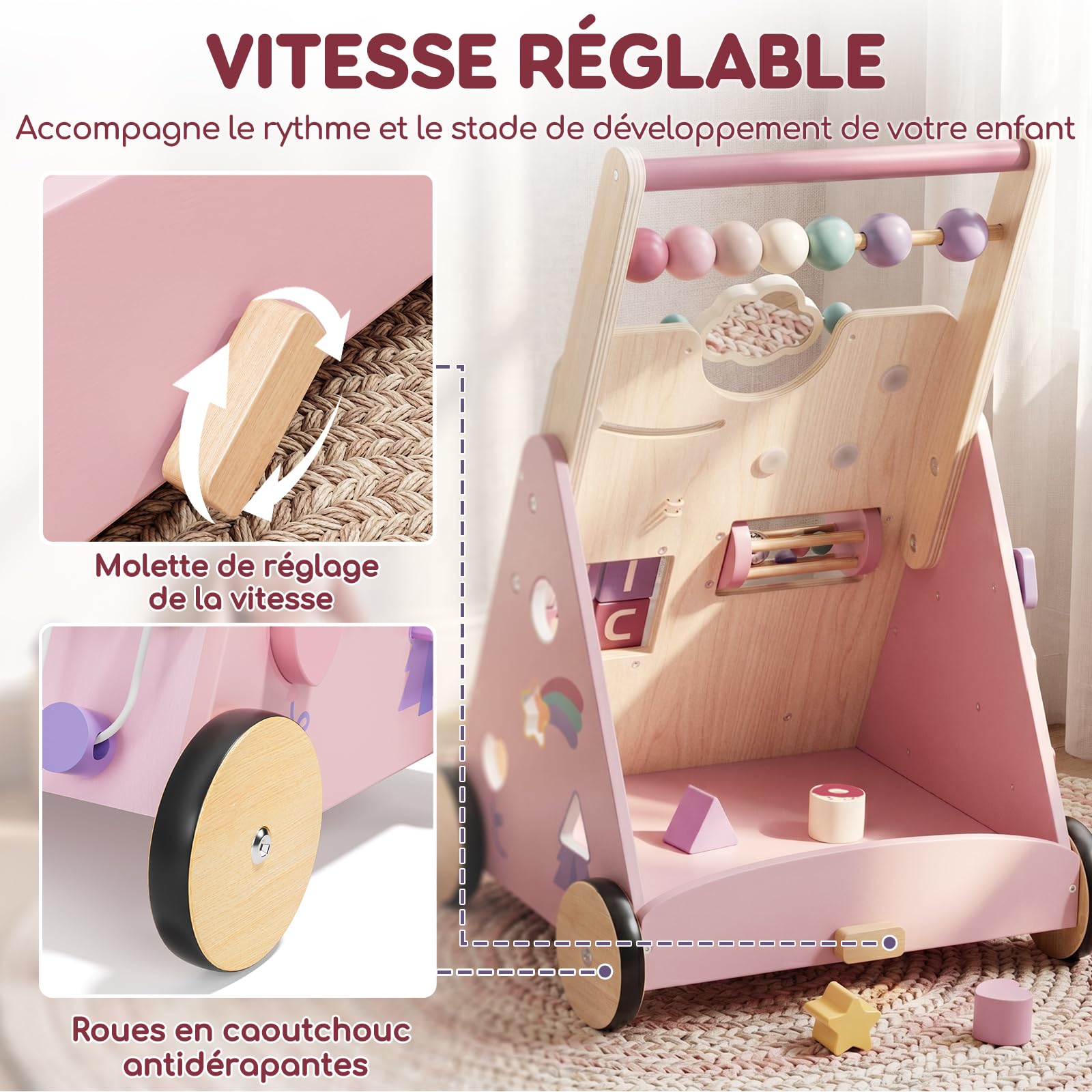 Lehoo Castle Chariot de Marche Bébé en Bois, Trotteur Bébé Fille | Baby Walker avec Frein Réglable, Licorne Rose, Centre d’Activités 10-en-1, Aide à la Marche, Cadeau pour Fille de 1 An