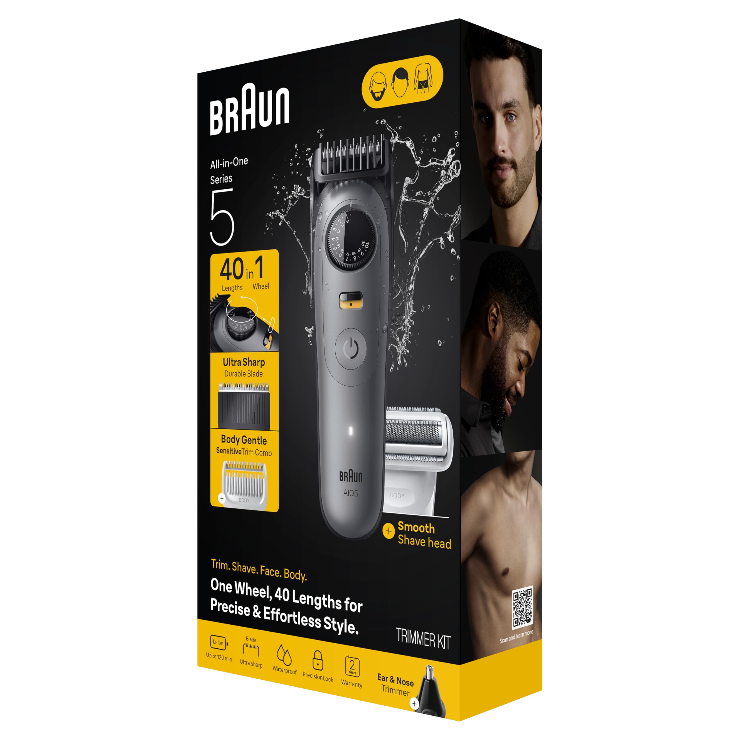 Braun Series 5 All-in-One Beard & Body Grooming Kit for Men, Cordless Trimmer, Hair Clippers & Shaver for Face, Hair & Body with Smooth Shave Head, AIO 5510