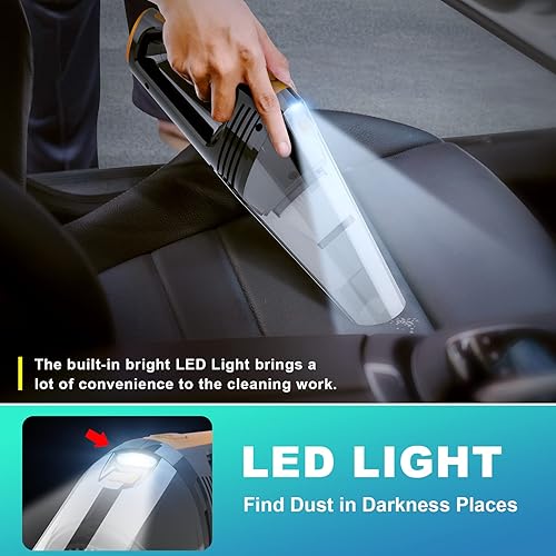 Miniatura 4 de FRESMOL Aspiradora portátil para automóvil, de alta potencia, 8000 Pa, pequeña aspiradora de mano de 12 V con luz LED, cable de 16.4 pies, kit de