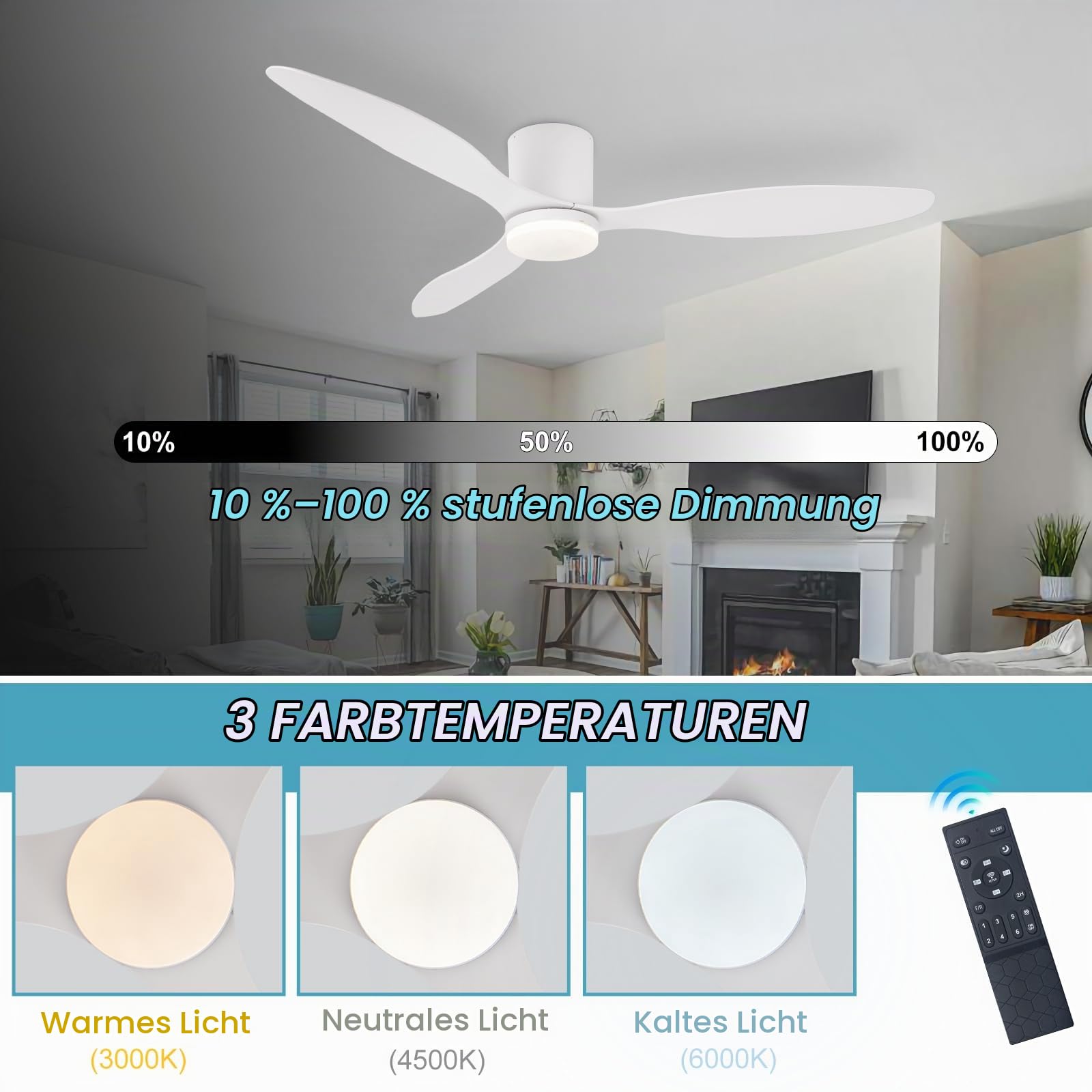 Deckenventilator Mit Beleuchtung Und Fernbedienung Leise Led Deckenleuchte Mit Ventilator Dimmbar 6-Gang Ceiling Fan with Light Timer Reversible DC-Motoren Schlafzimmer Wohnzimmer Weiß