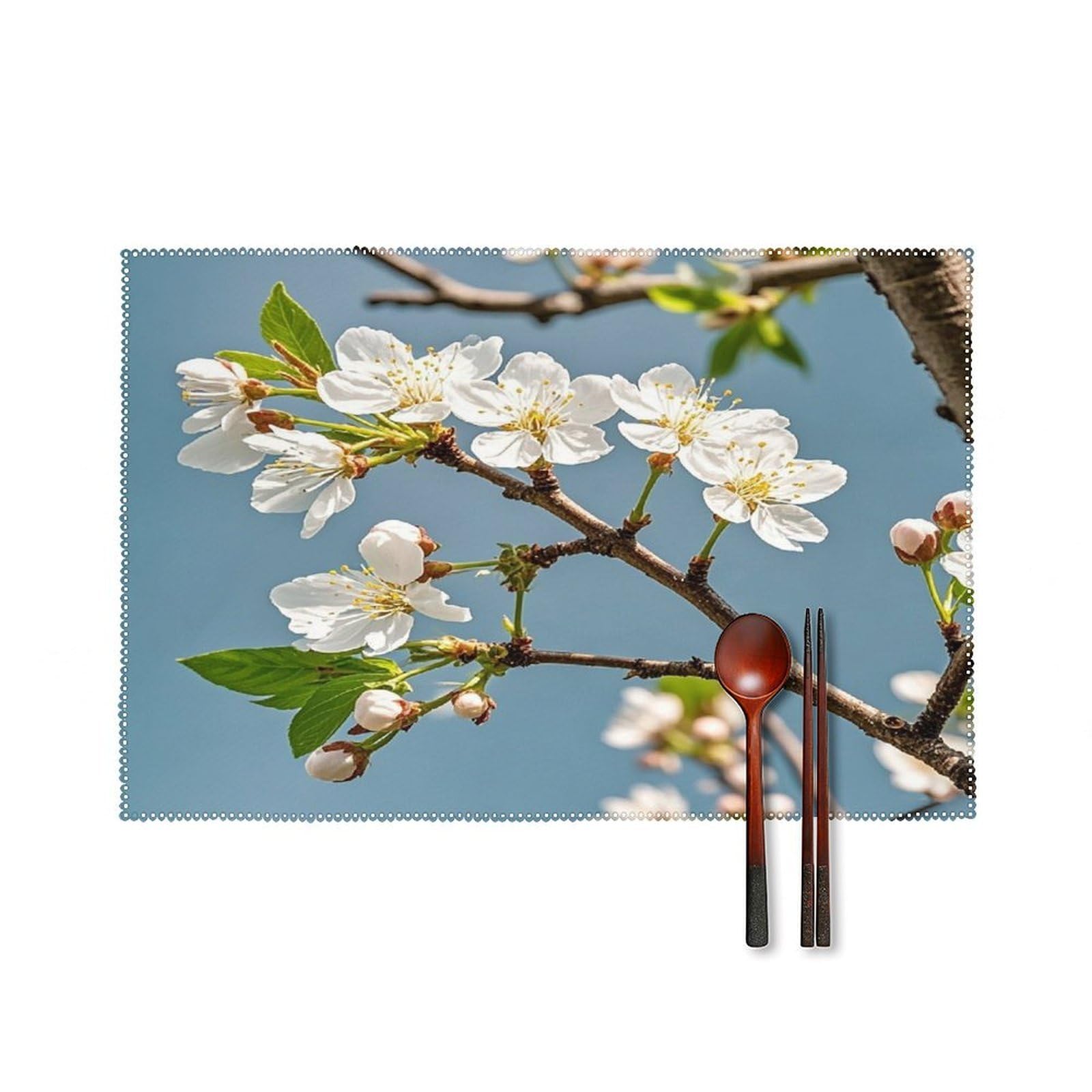 Cherry Blossom Tree Branch Placemats Set of 6 Heat-Resistant Washable Place Mats Wipeable Kitchen Placemat Easy to Clean for Indoor Outdoor Party Kitchen Decoration