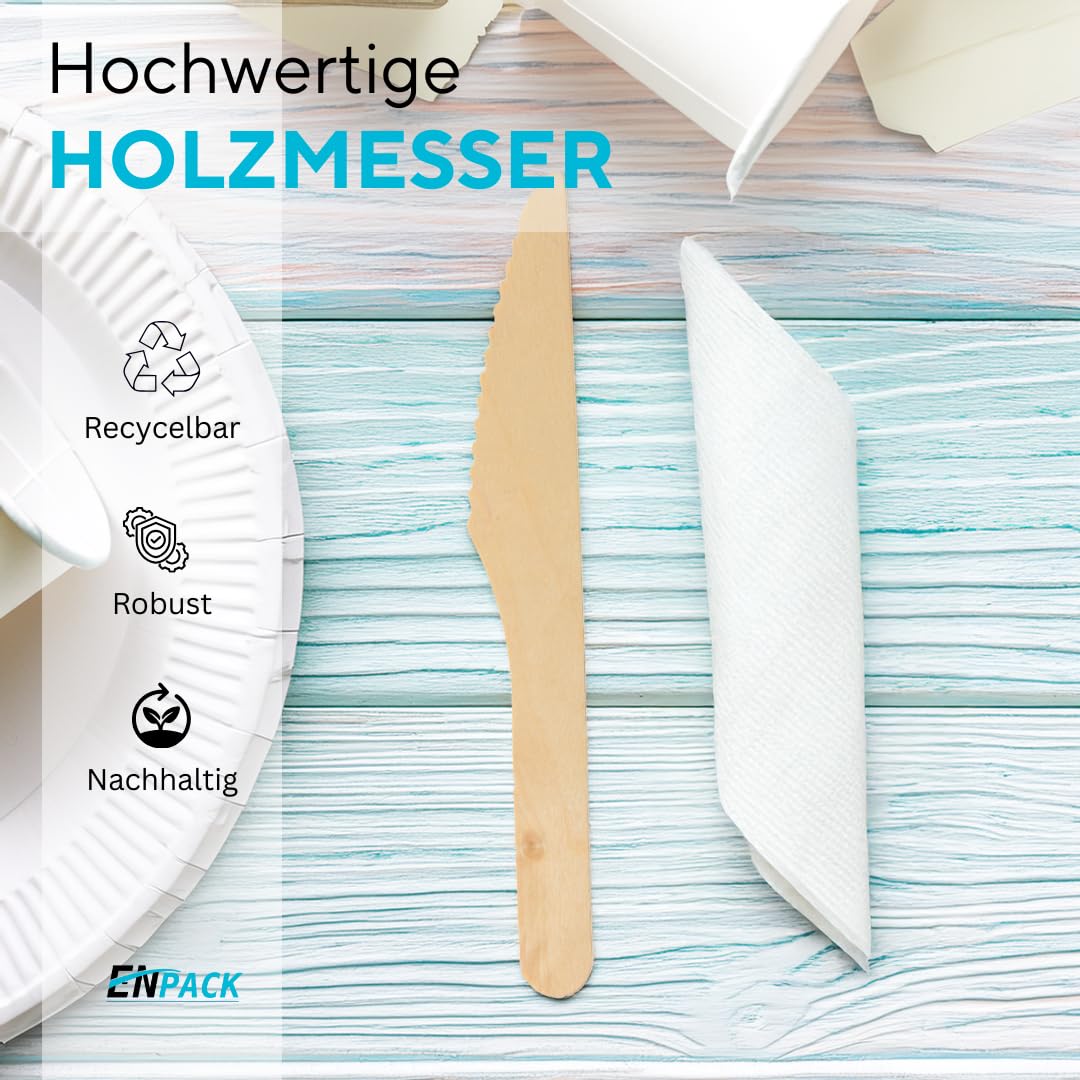 Enpack Einwegmesser aus Holz 500 Stück - umweltfreundliche holzmesser 165mm Partybesteck - Einweg Messer - Holzbesteck Einweg - wooden knife Messer aus Holz