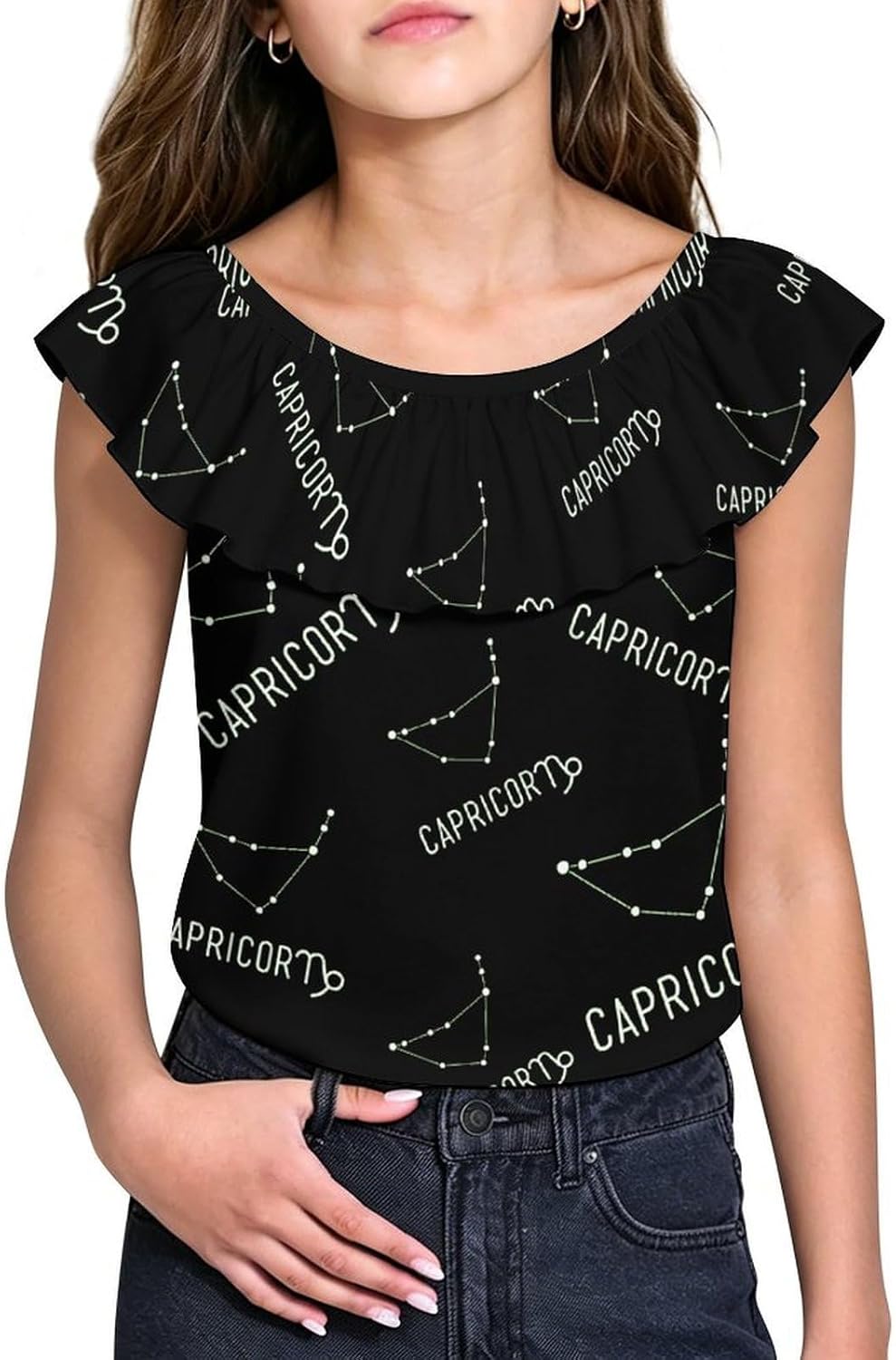 Capricorn Constellation Girls T-Shirts Top Ruffle Short Sleeve Blouse Casual Graphic Tees