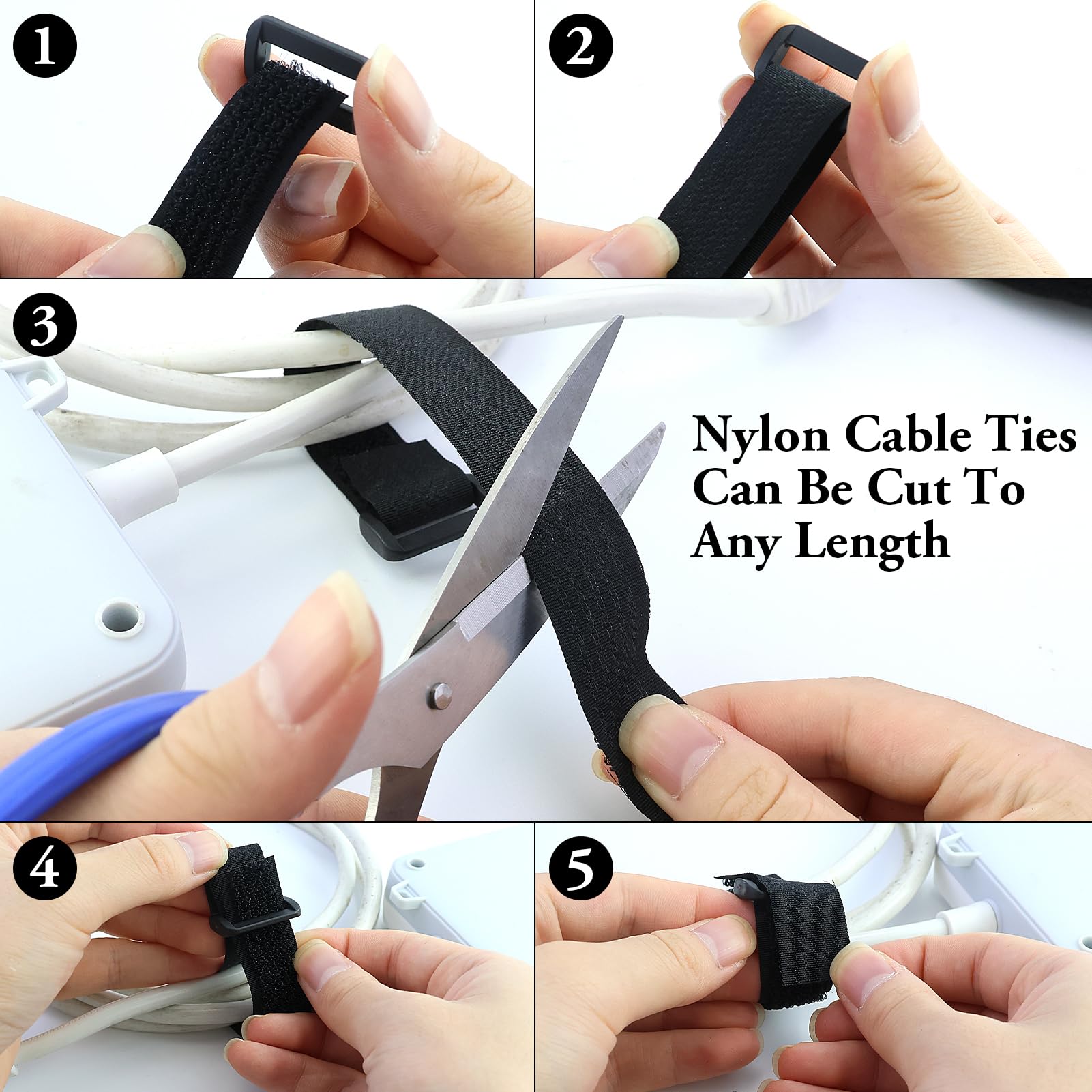 Nastro in Treccia autoadesiva nera da 2 cm*10 m con 70 fibbie in metallo, lunghezza di taglio libera, fascette in richiudibili per organizzare cavi, fili, tubi flessibili (nero)