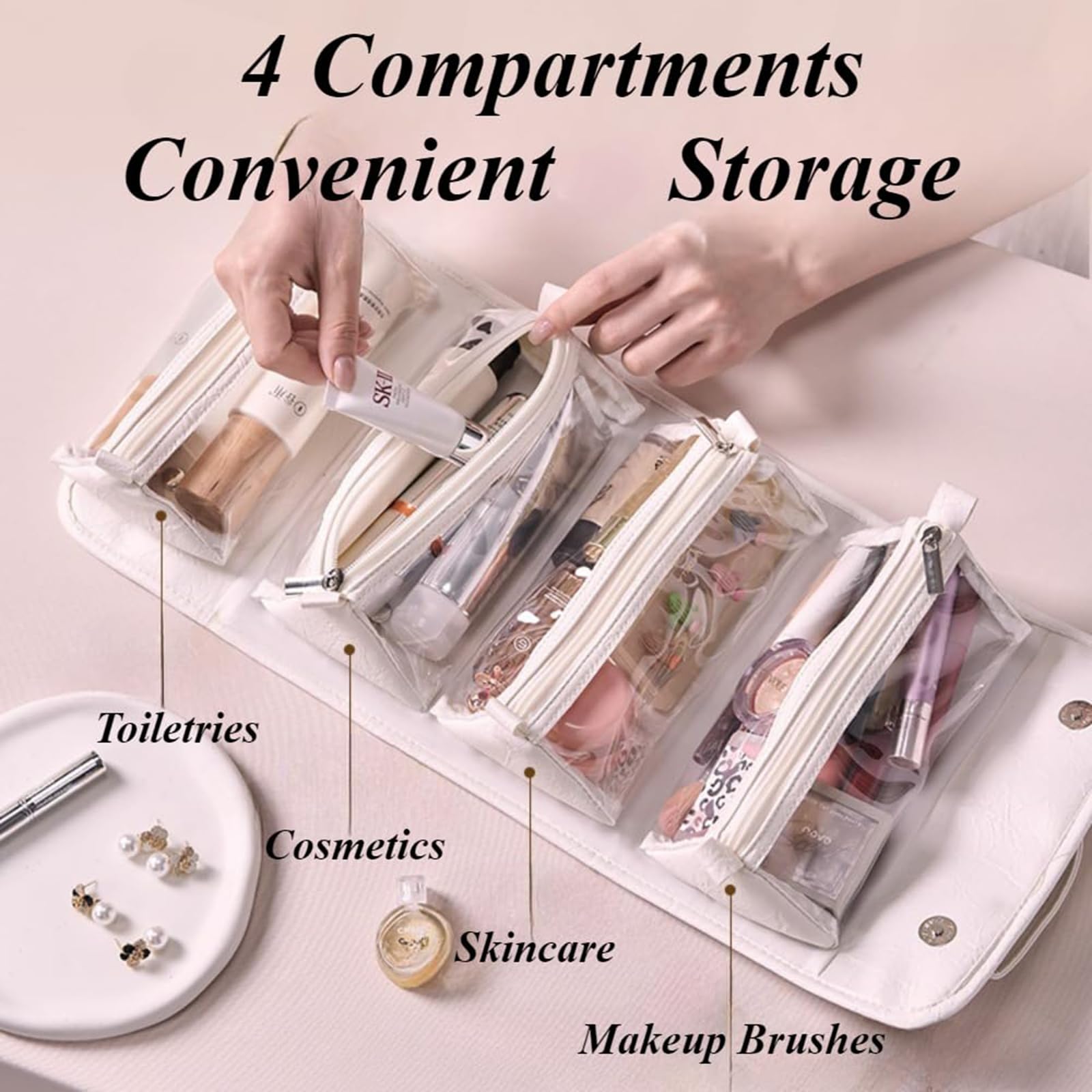 Trousse da viaggio impermeabile, 4 in 1, staccabile, grande capacità, trousse da toilette con 4 scomparti trasparenti staccabili, bianco, Impermeabile, da appendere