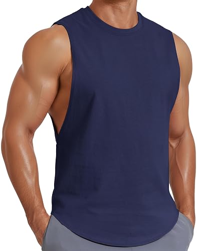 COOFANDY Workout Shirts for Men Sleeveless Cut Off Cotton Shirt Training Athletic Regular Fit Summer Tank Tops Navy L