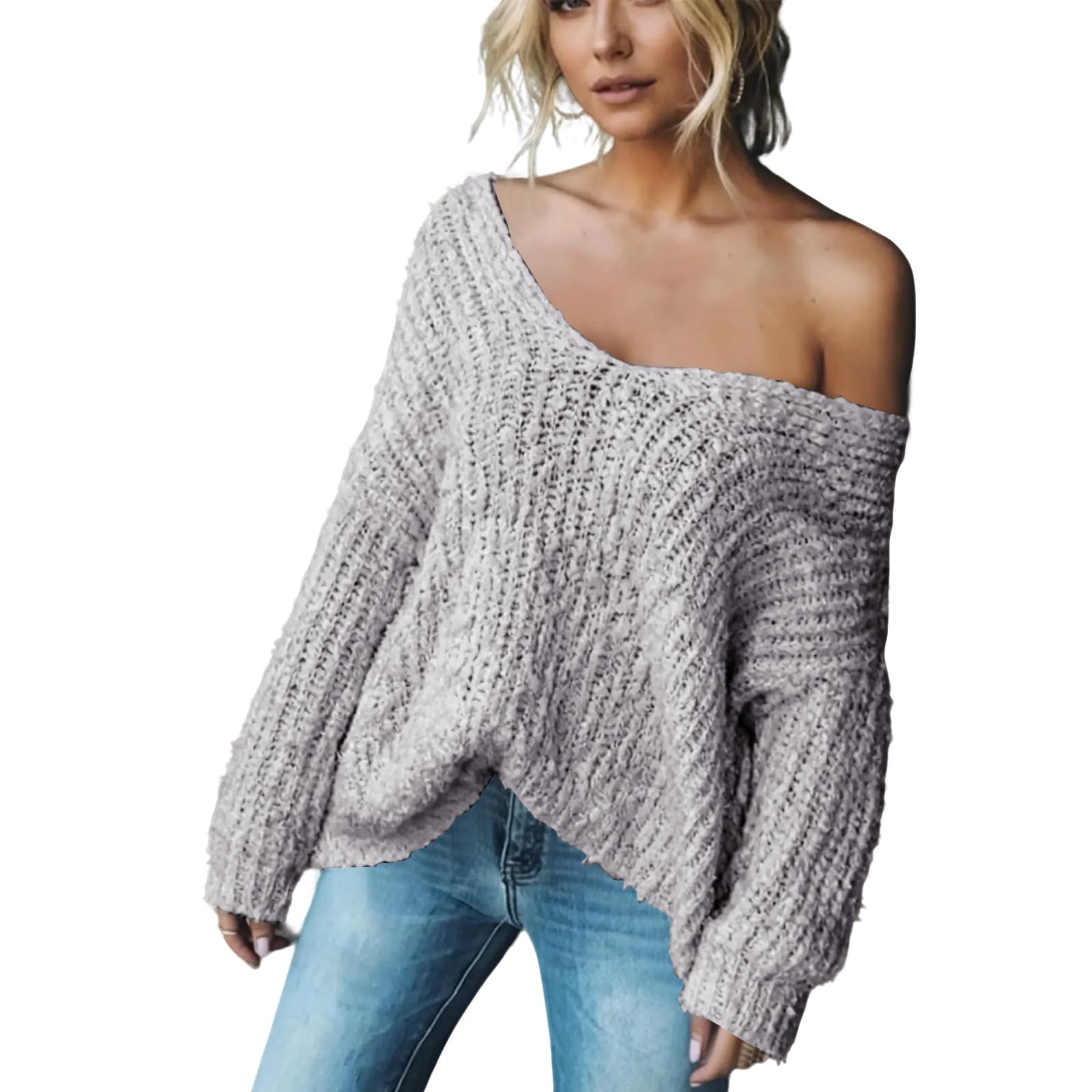 Sweaters for Women Trendy Off-The-Shoulder Adjustable V-Neck Knit Top Loose Fit Casual Lightweight Pullover Sweater