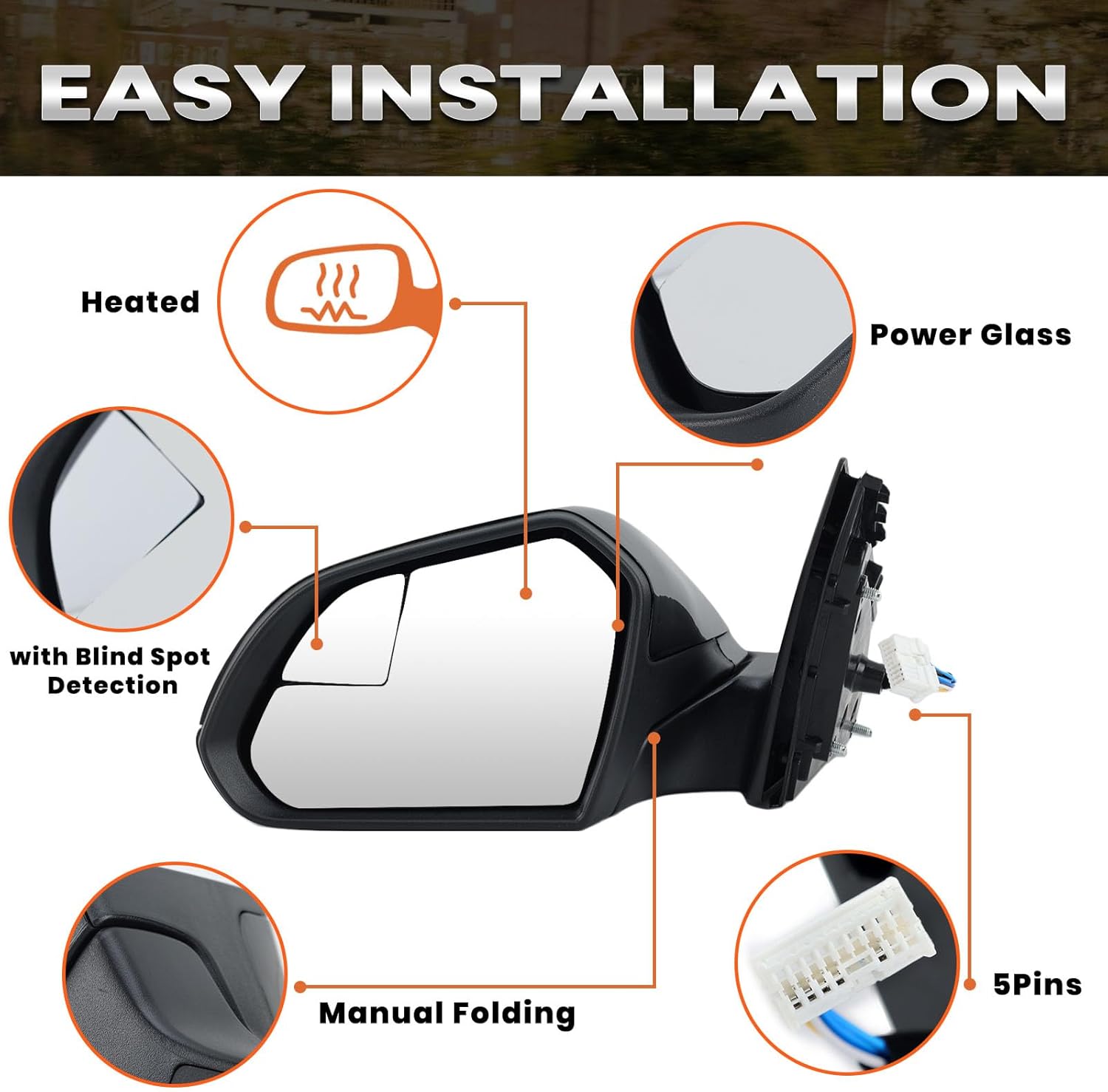 Left Driver Side Mirror Compatible with Hyundai Sonata 2015 2016 2017 2018 2019 Power Glass Manual Folding Heated with Blind Spot Detection 5 Pins Replace HY1320203 | 87610-C2000 (Black)