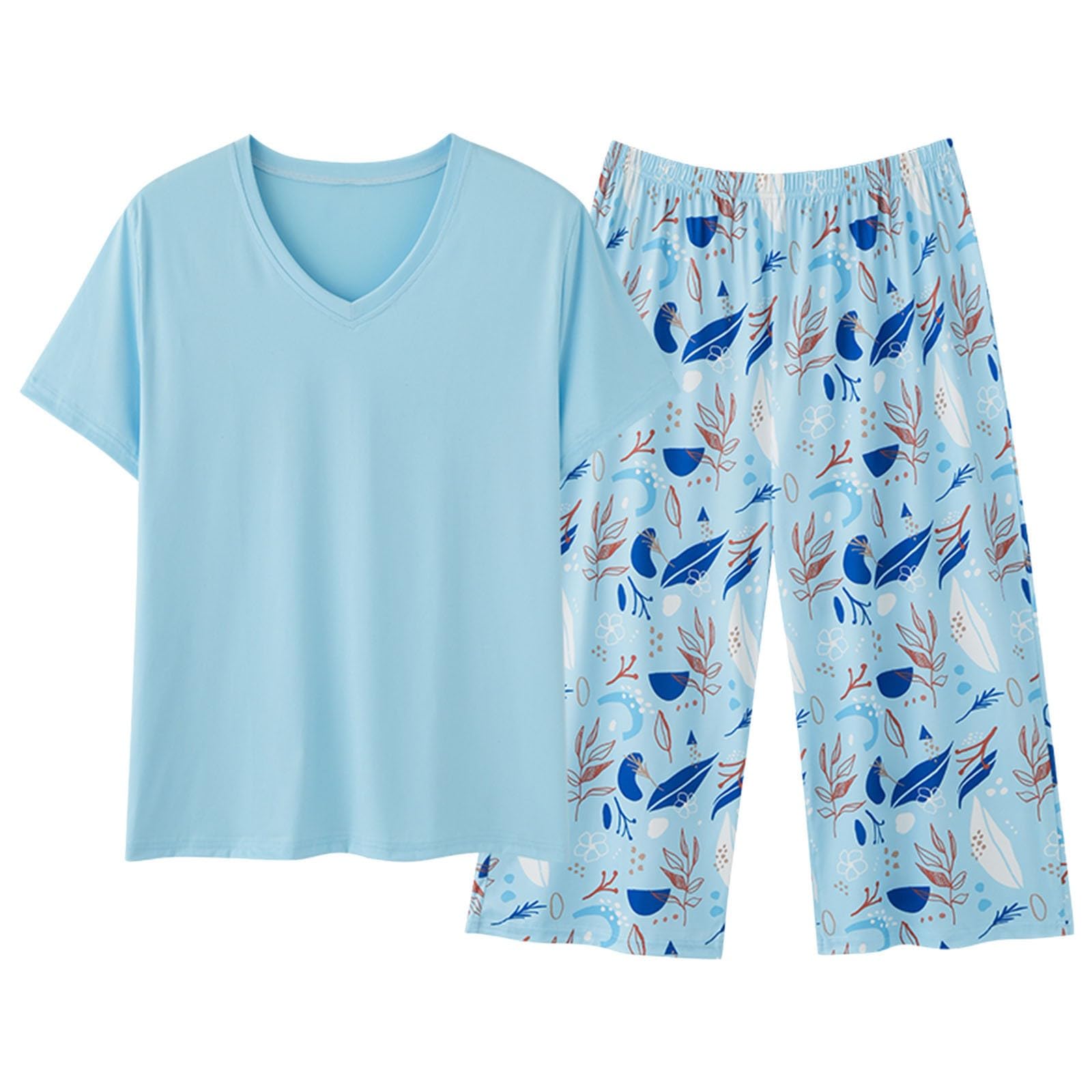 Pyjama Femme Grande Taille à Manches Courtes Ete en Coton de Nuit Haut Lot de Deux Confortable Doux Col Rond à Carreaux Vêtements D'intérieur Sleepwear Automne et Hiver