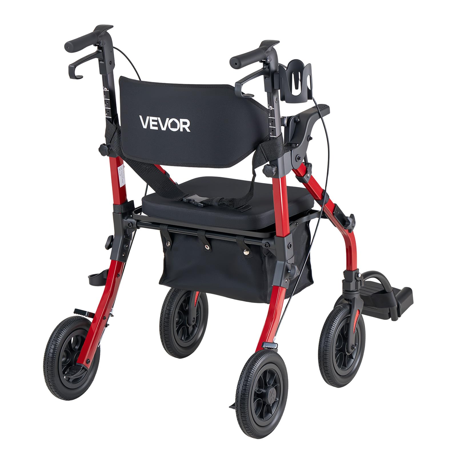 VEVOR Andador para Ancianos 2 en 1 con Asiento Soporta 136 kg, Ruedas de 25,4 cm, Silla de Transporte Plegable de Aleación de Aluminio, Reposabrazos Ajustable para Compras Exterior Personas Mayores