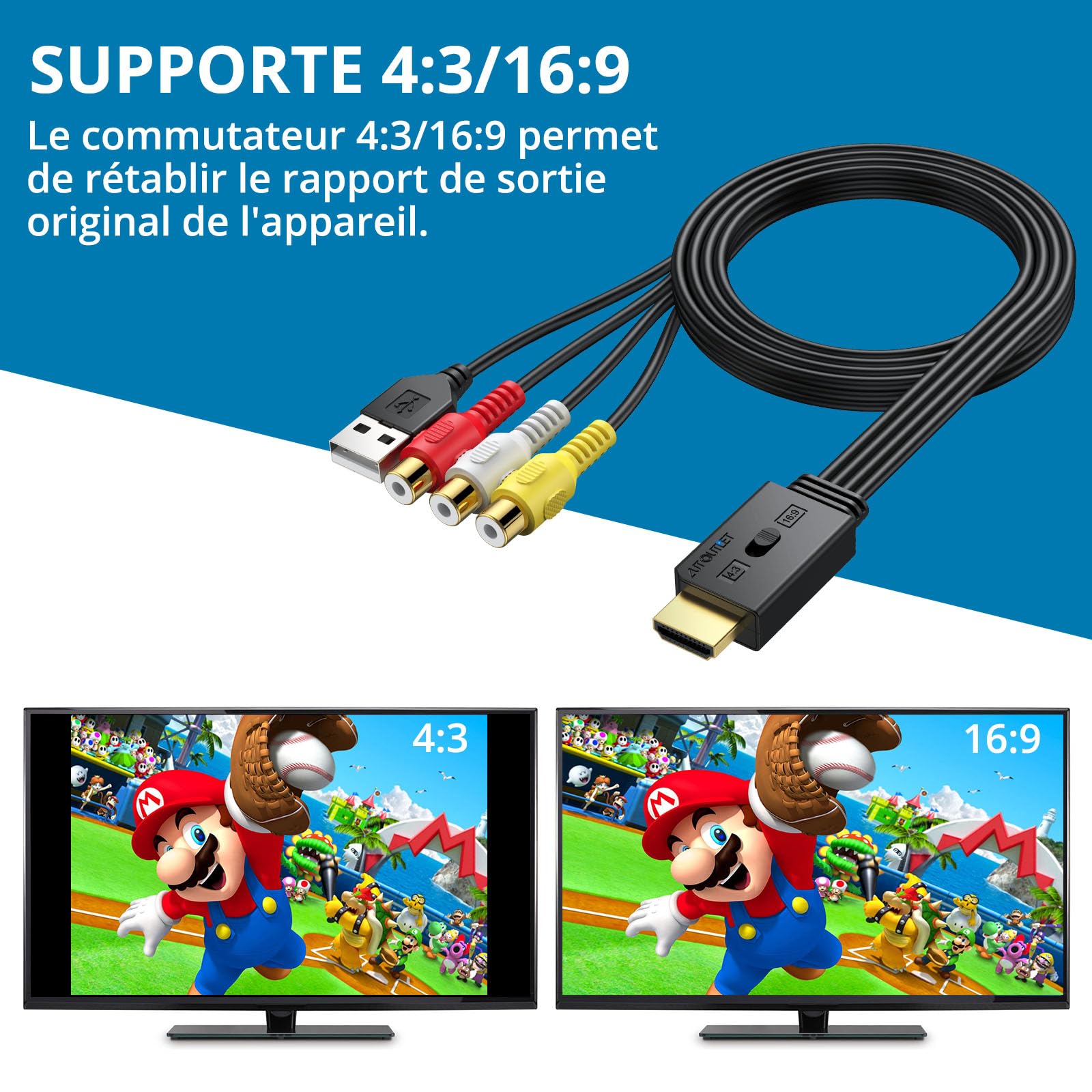 AUTOUTLE Convertisseur RCA vers HDMI 1080P - Adaptateur AV 16:9/4:3, PAL/NTSC avec Câble RCA Femelle 60cm pour Wii, PS1/PS2, Xbox, DVD/VHS/VCR