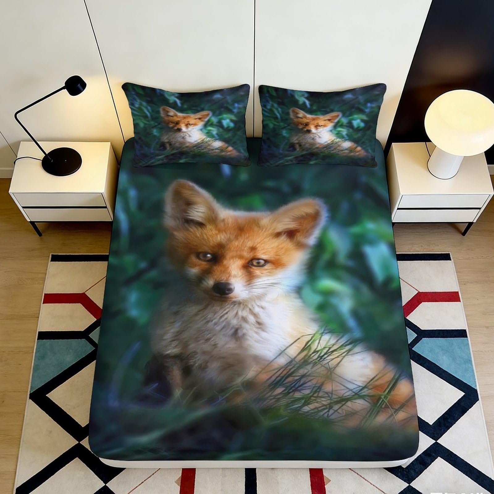 3D Printed Fox Forest Fitted Sheet Microfiber Anti-Slip Nature Animal Mattress Cover for Bedroom Dorm Easy Care 120x200x25cm