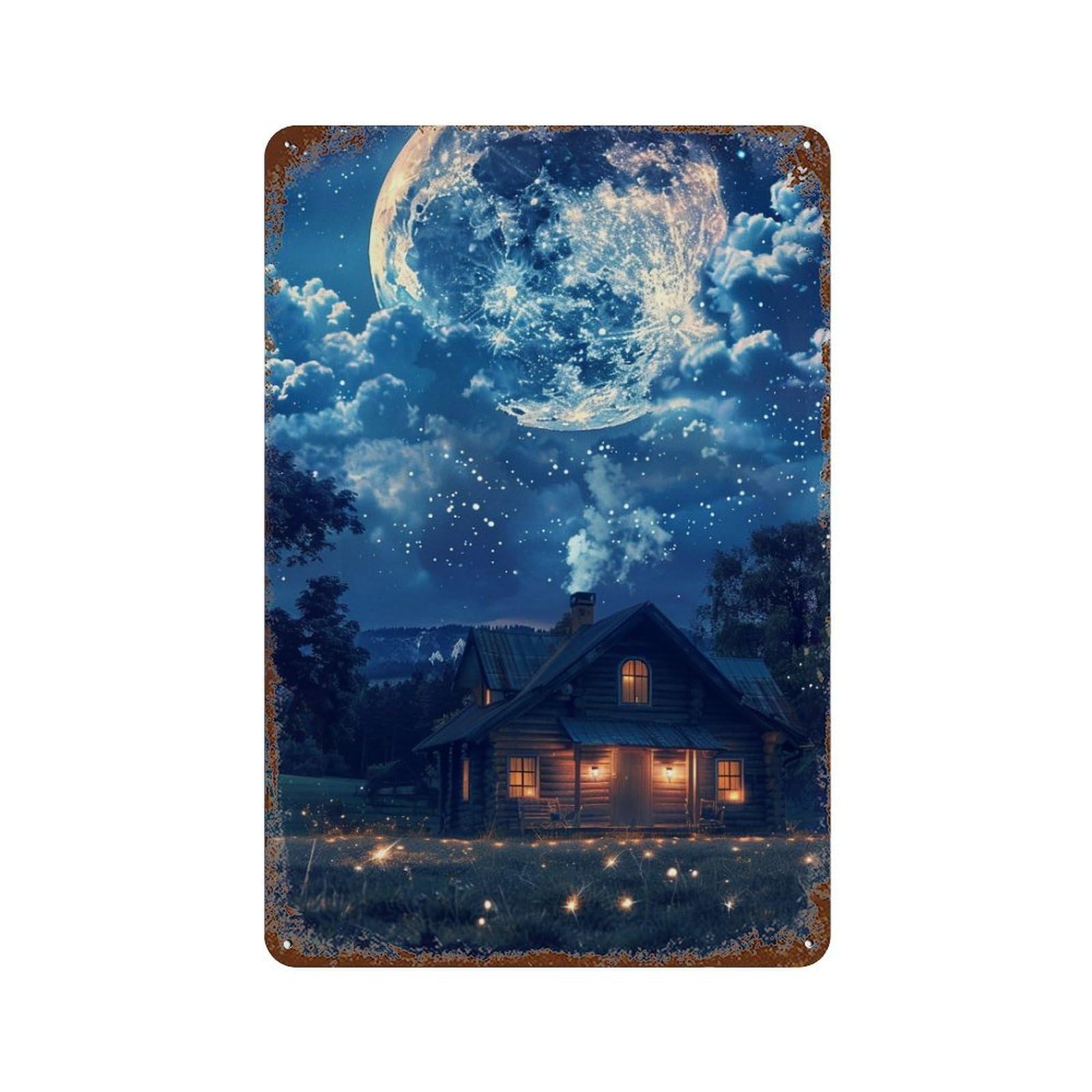 Moonlit Cabin Scene-1 Retro Metal Sign 11.8"x7.9", Vintage Wall Decor for Bistro, Counter And Cafe Decor