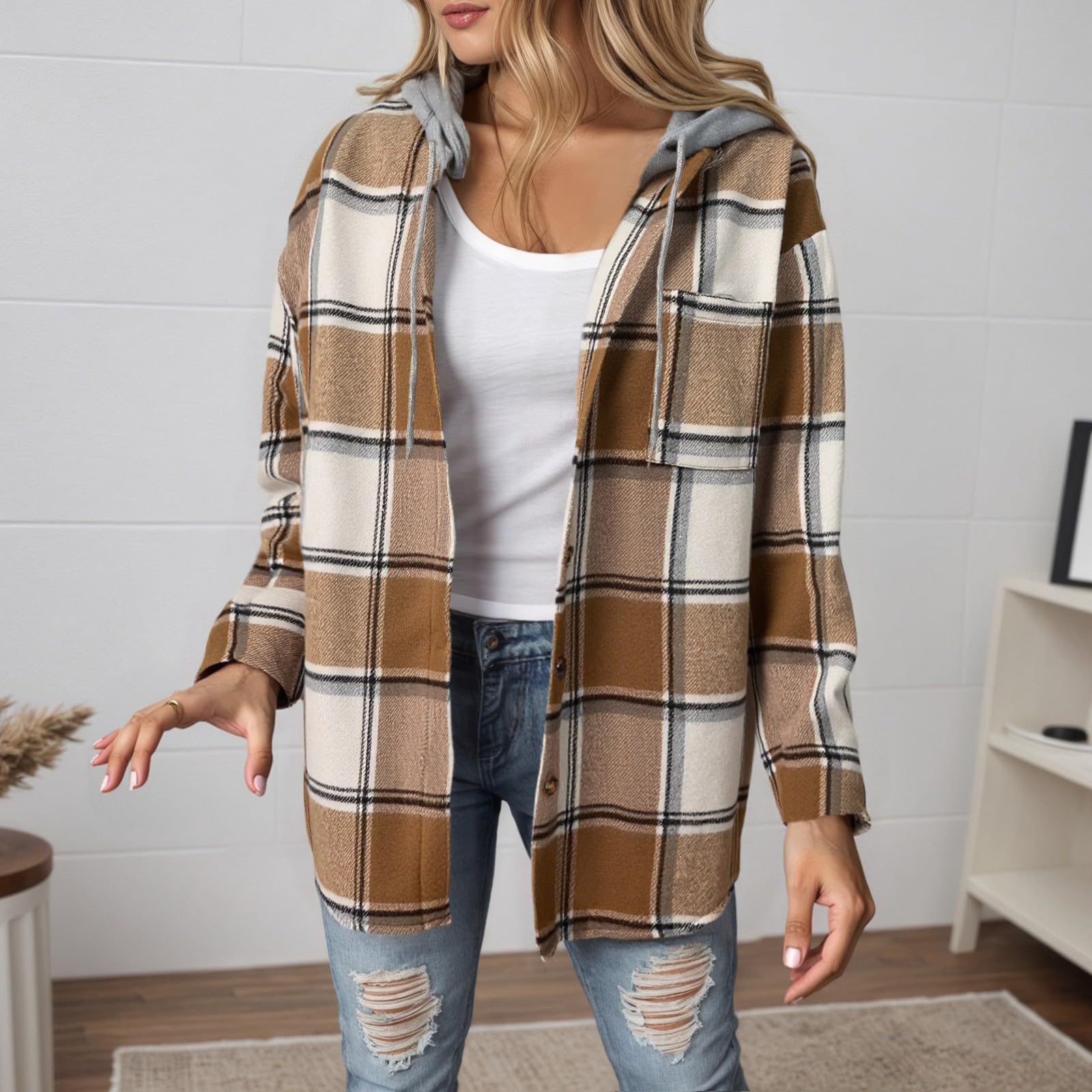 Genérico Cazadora Bomber Mujer - Sudadera con Capucha Y Estampado A Cuadros Informal De Talla Grande con Botones Holgada De Manga Larga para Exteriores