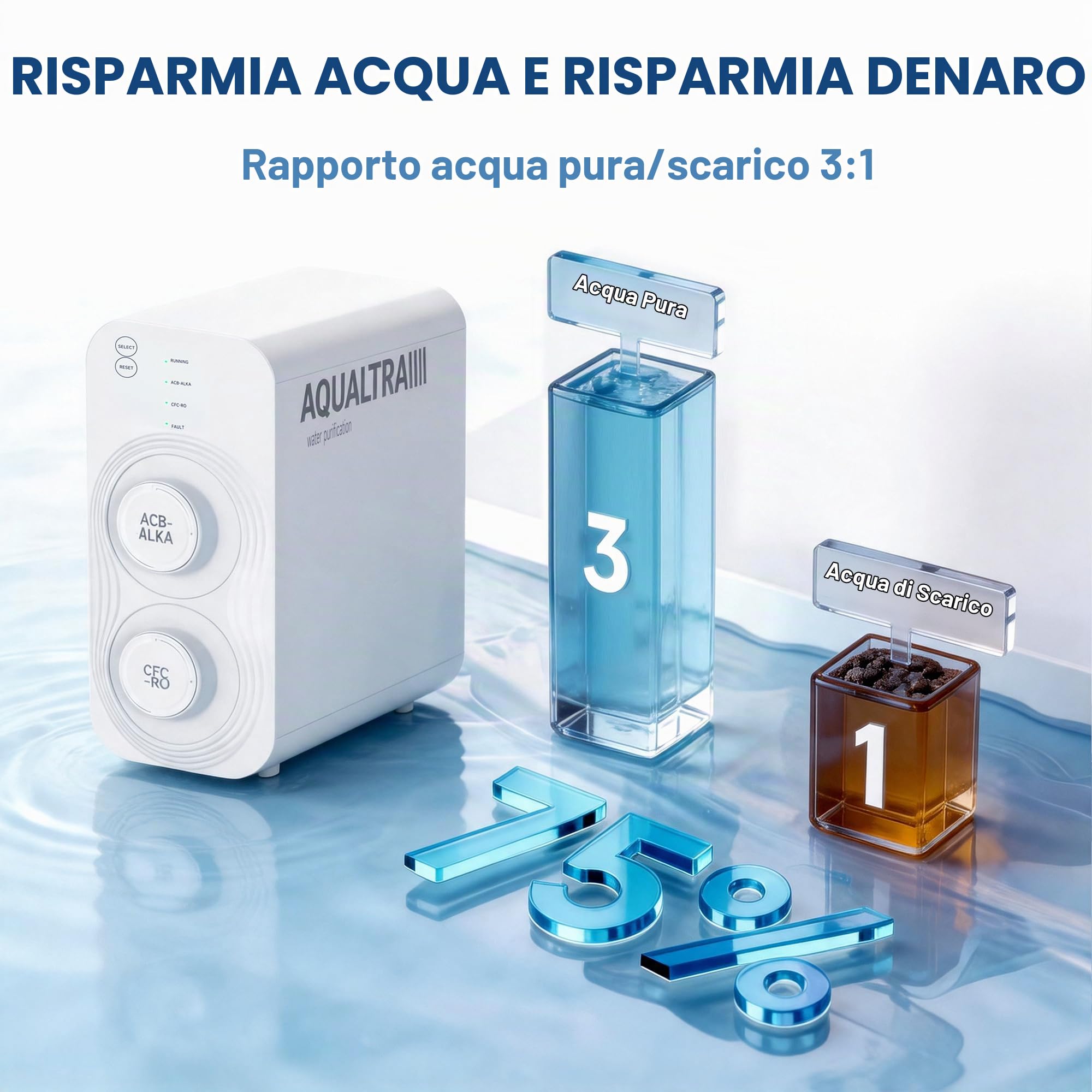 AQUALTRA USF-AR-600 Sistema osmosi inversa sottolavello,impianto osmosi inversa alcalino senza serbatoio 10 stadi, certificato NSF/ANSI/CAN 372, 600GPD, rapporto acqua pura/scarico 3:1, rubinetto LED