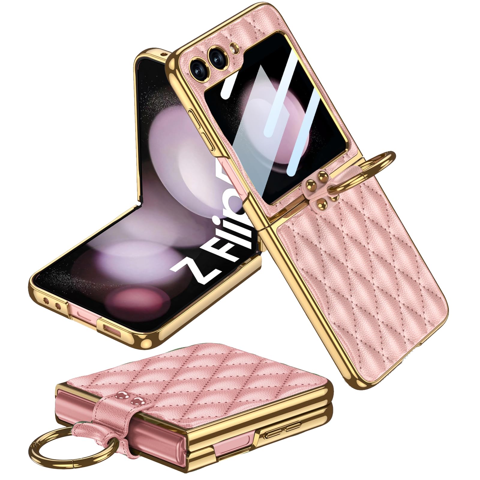 Miimall for Samsung Galaxy Z Flip 5 Case, [Built-in Screen Protector] [Ring Holder] Z Flip 5 Leather Case with Ring, Shockproof Anti-Skid Women Full Coverage Protective Cover for Z Flip 5-Pink