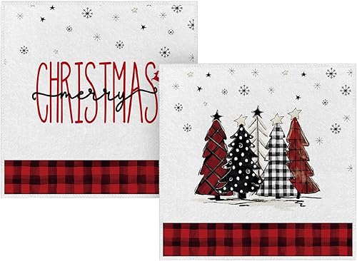 Miniatura 7 de Artoid Mode Juego de 2 toallas de cocina de Navidad con texto en inglés Merry Christmas de color negro y rojo, 18 x 26 pulgadas, diseño de árboles