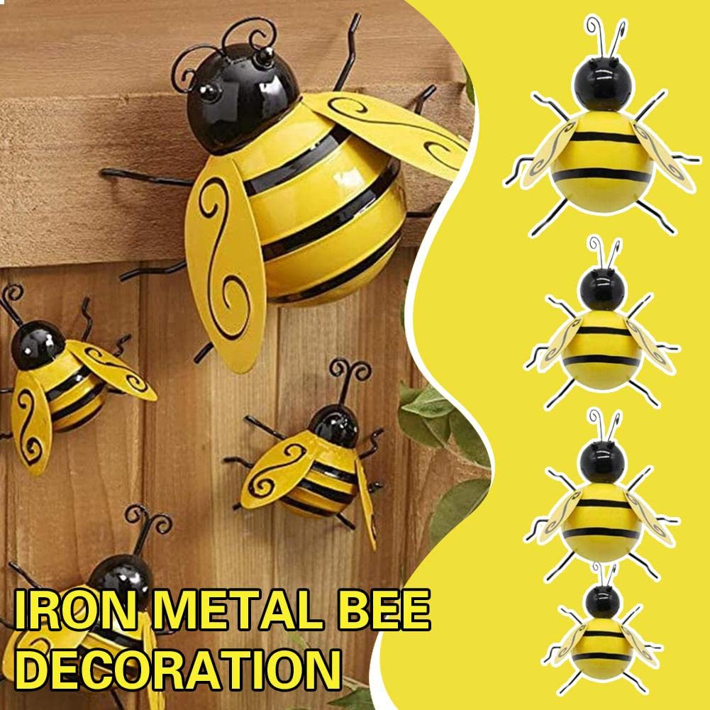 Lot De 4 Décorations Murales En Métal Pour Décoration De Jardin En Forme D'abeille 3D - Décoration Murale à Suspendre Pour L'intérieur Et L'extérieur