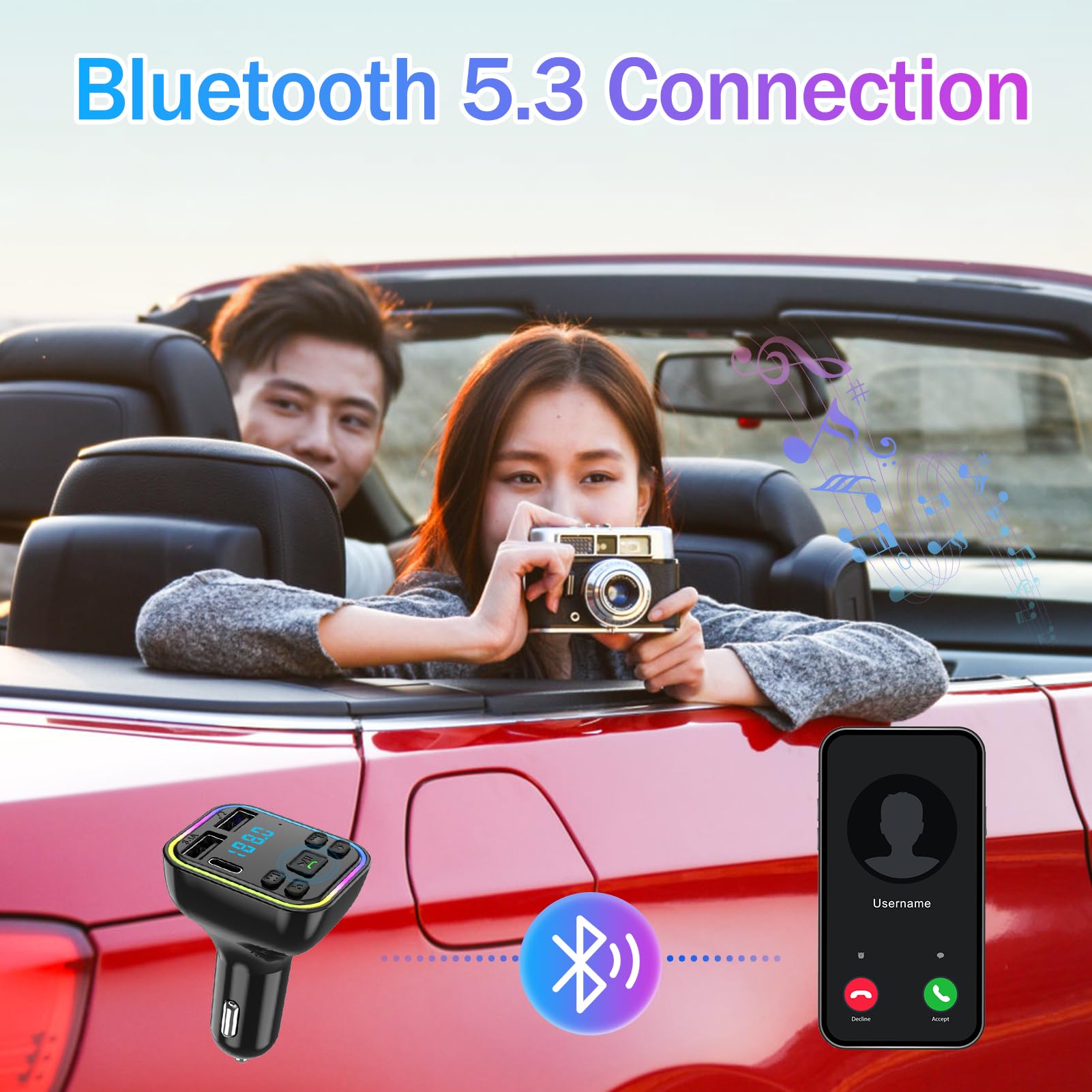 Transmetteur FM Bluetooth 5.0 Voiture - Allume-Cigare Avec Chargeur USB Type C, Appels Mains Libres Et MP3