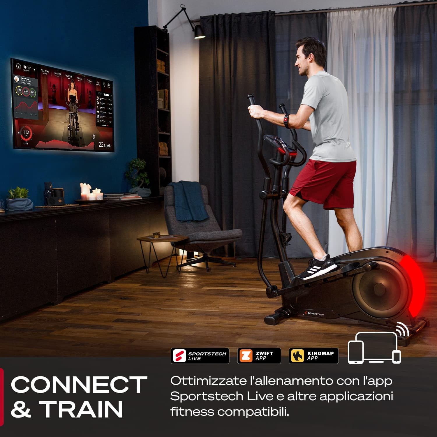 Sportstech CX700 Ellittica da Casa Trainer, Professionale Bike per la Palestra di Casa, Intelligente Cyclette Ellittica con Freno Magnetico e Sistema LED, 12 Programmi + Modalità HRC e Watt