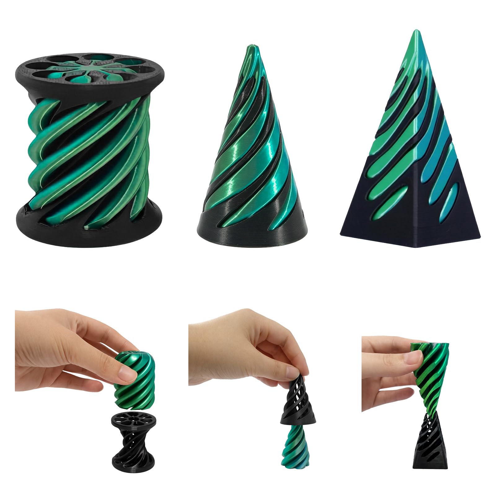 Impossible Cone Fidget Toy (3PCS), 3D Printed Spiral Cone Fidgets, Pyramid Passthrough Sculpture, Stress Relief Desktop Decoration for Kids and Adults, Black Green