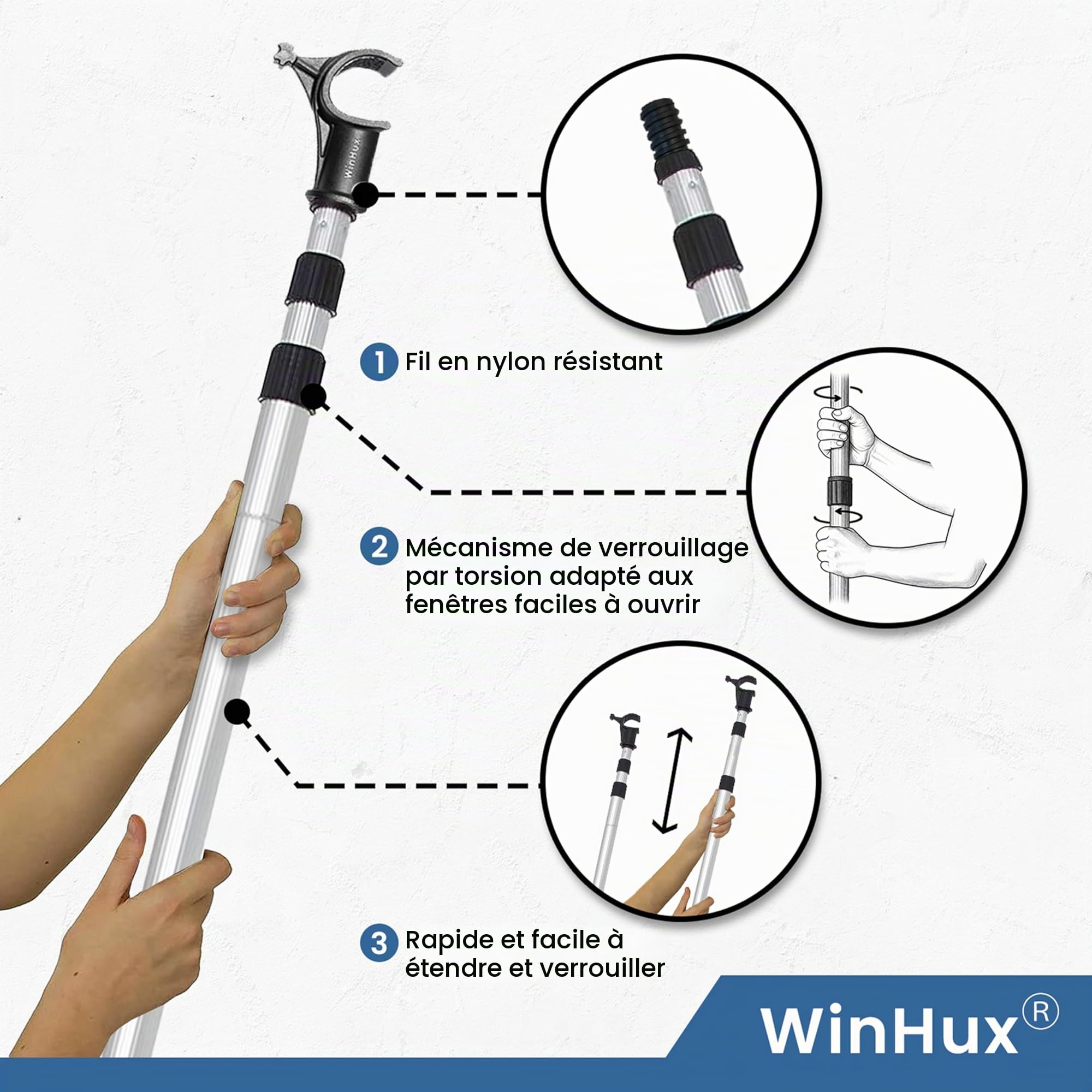 WinHux Perche Télescopique 1,2-3,0 m Verrouillage à Rotation — Ouvre-Fenêtre de Toit, Crochet Antidérapant, Commande de Store, Compatible avec Velux, Keylite, Fakro et Rooflite