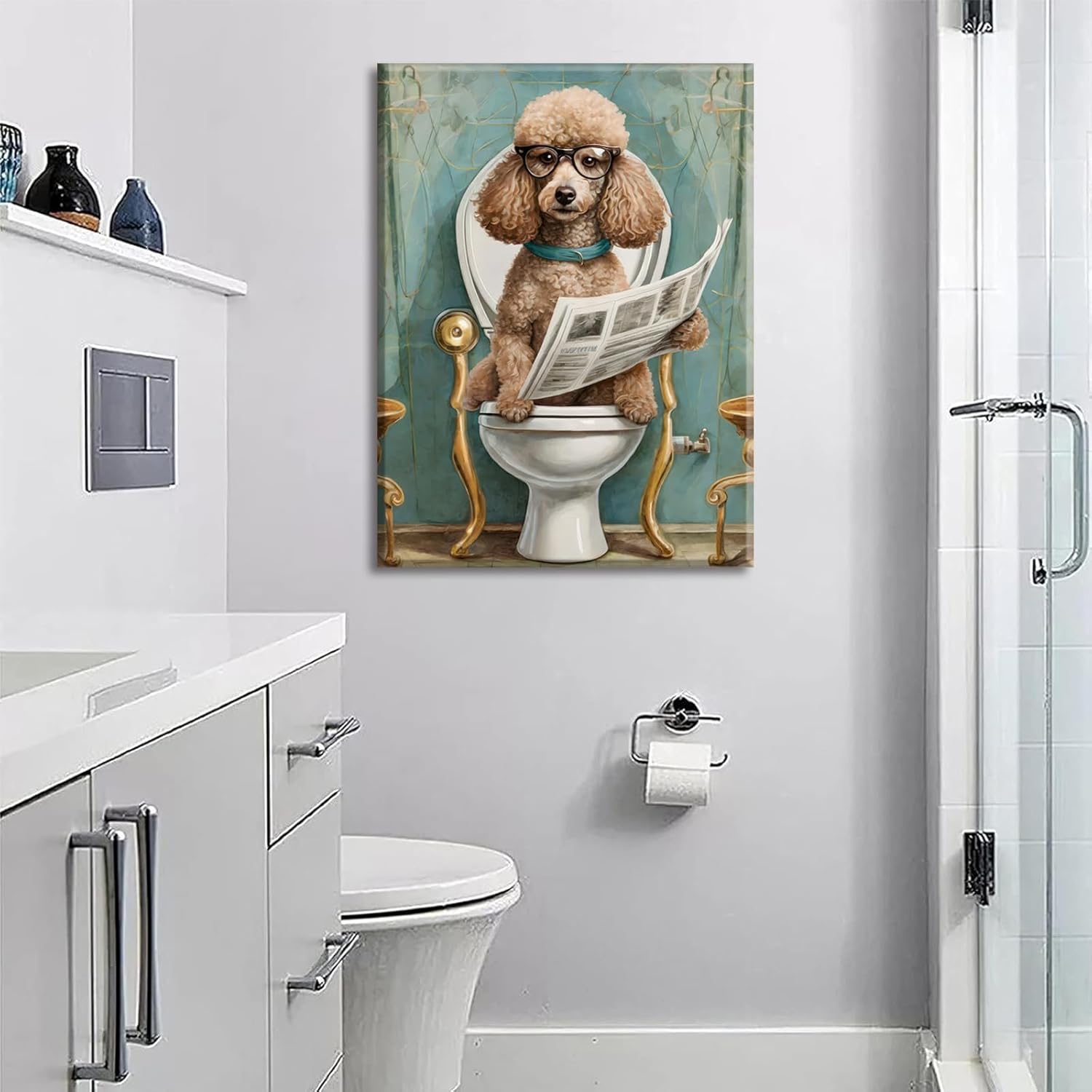 FGQ Funny Dog Bathroom Canvas Wall Art Cute Poodle On The Toilet Reading Newspaper Painting Picture Goldendoodle In Shower Humorous Animal Poster Print Artwork for Kids Restroom Wall Decor 12x16in - Image 6