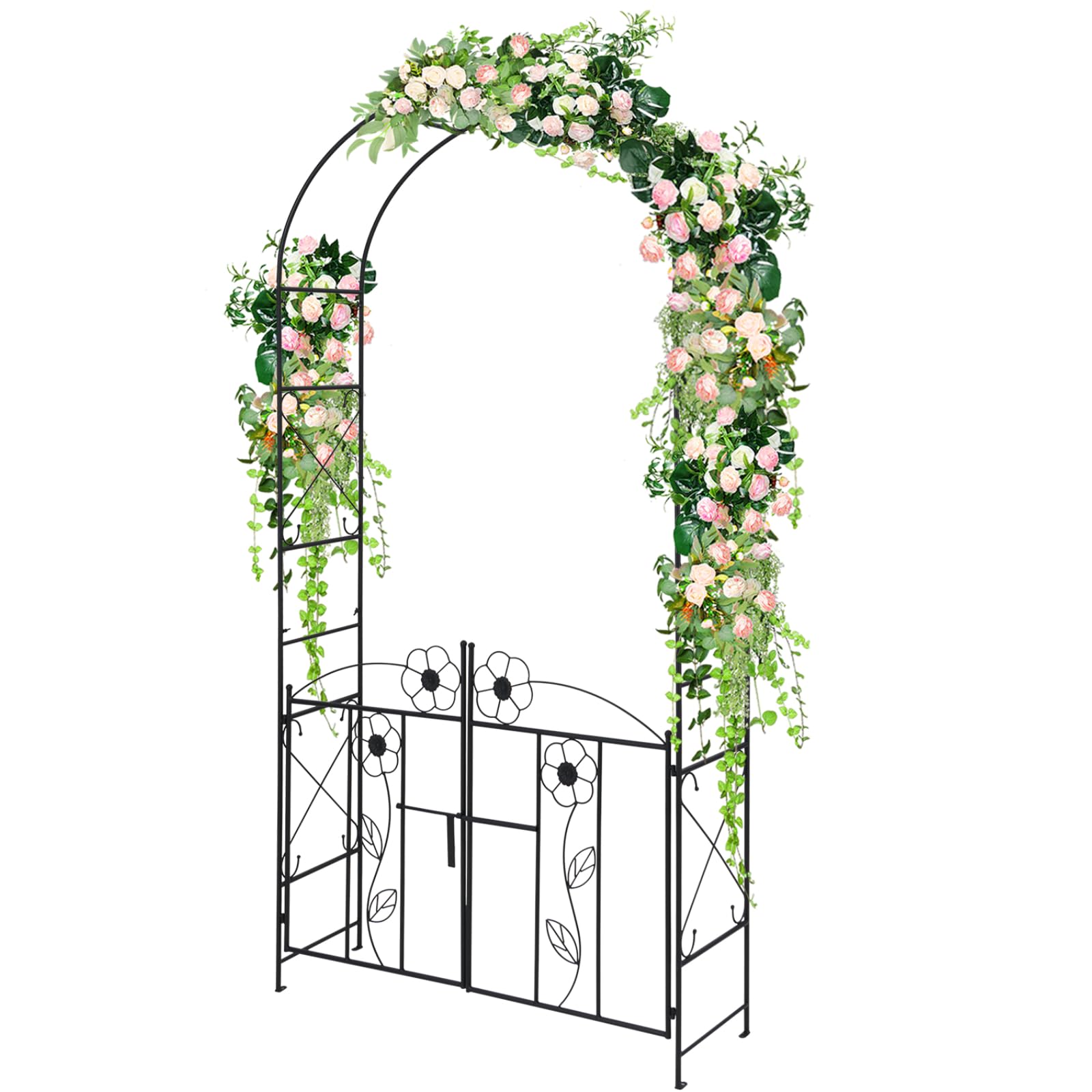 COSTWAY Garden Arch with Gate, Metal Pergola Arbor Trellis for Climbing Plant Rose Vines, Heavy Duty Plants Support Archway for Lawn Backyard Party Wedding (with Flower Pattern, 116 x 37 x 228cm)