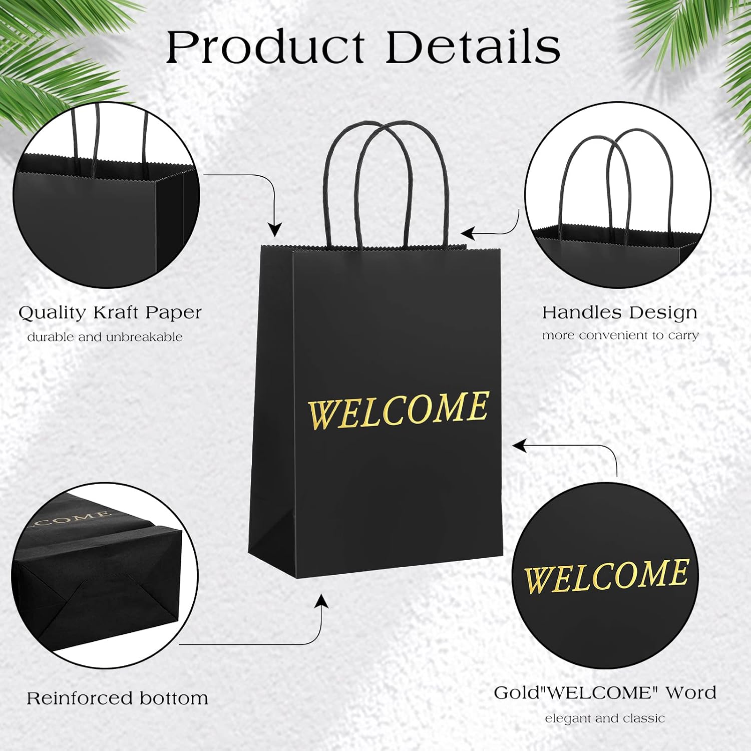 Jexine 100 Pcs Black Welcome Gift Bags 8 x 4 x 10 Inches Kraft Paper Welcome Bags for Wedding, Hotel Guests, Church Visitors, Retail Shopping