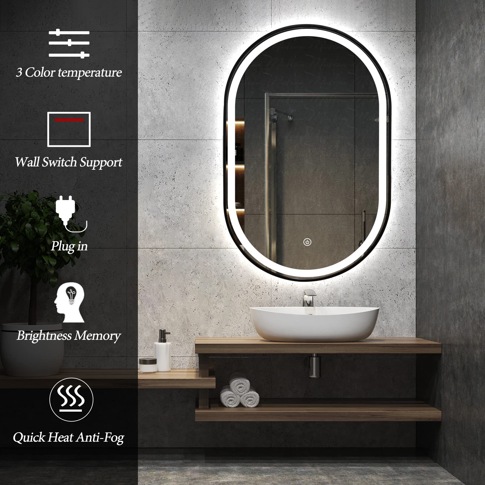 TheiaMo 36 x 24 Inch Oval LED Bathroom Mirror, Lighted Vanity Mirror ...