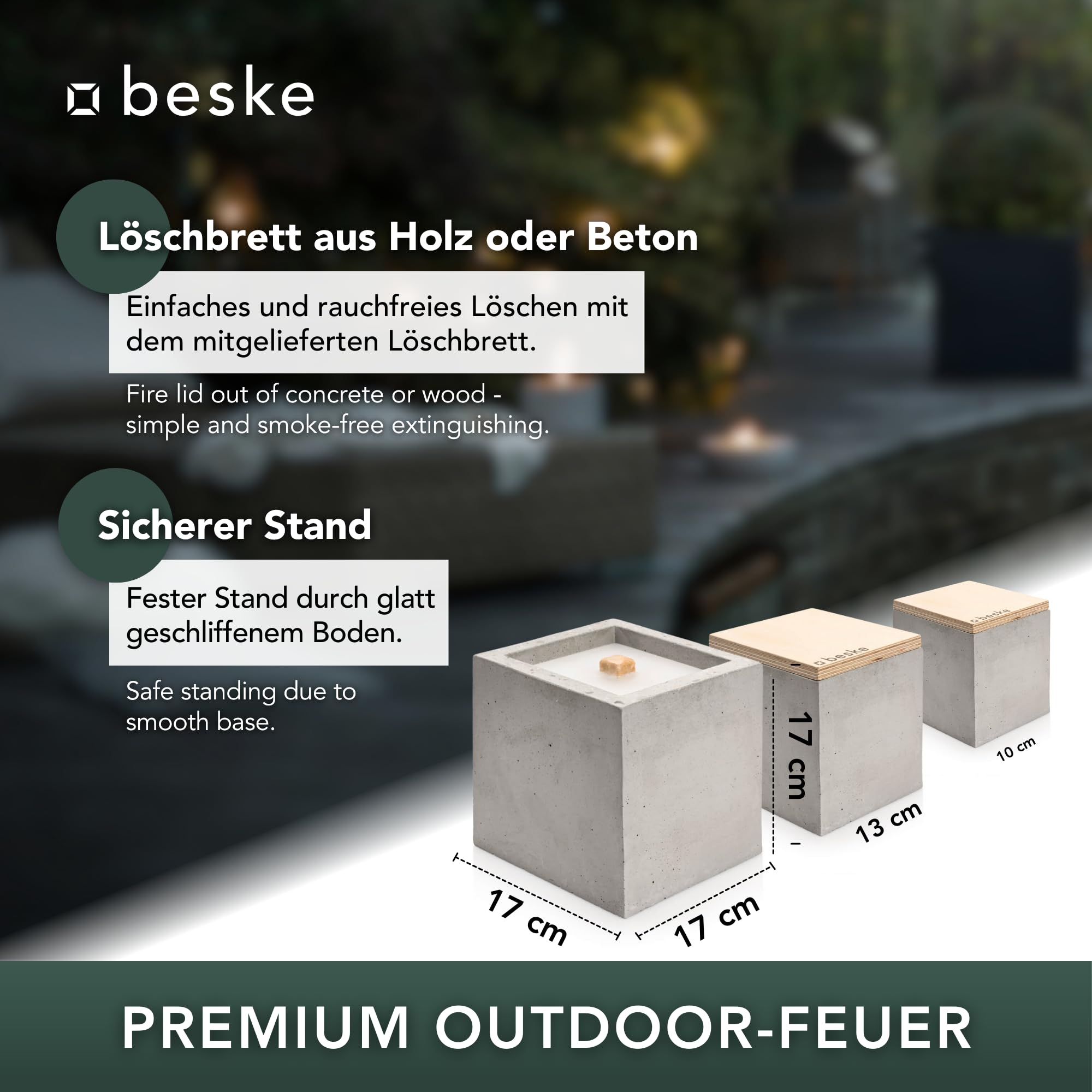 Betonfeuer® - Das Original der Beske-Manufaktur | 3 Betonfeuer im Set | Wiederbefüllbare Fackel | Unendliche Brenndauer | Recycling von Kerzenwachs