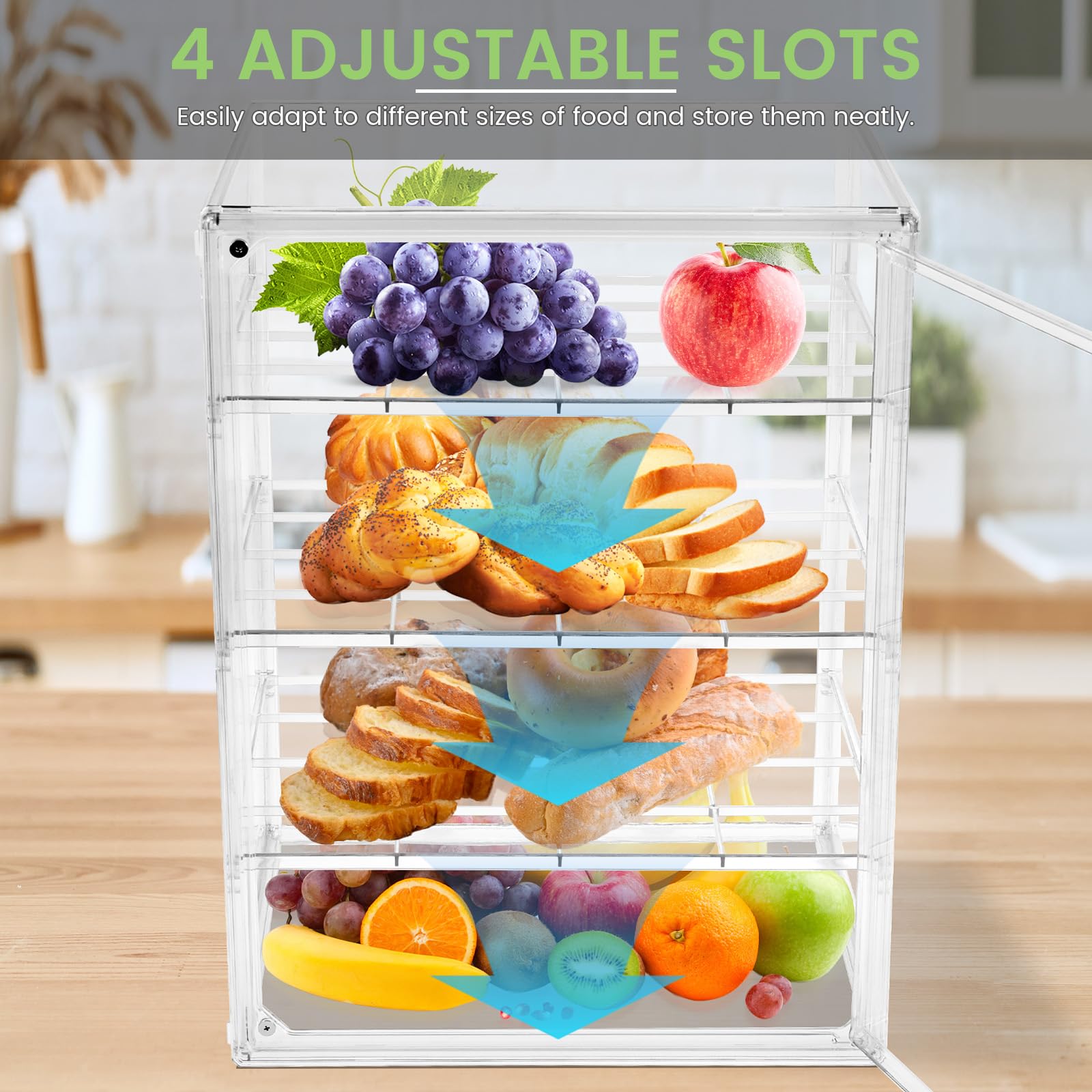 Vetrina per pasticceria, 4 strati in acrilico per piano di lavoro della cucina, 29 × 25 × 39,2 cm, contenitore per il pane trasparente regolabile con porta magnetica, supporto per il display della