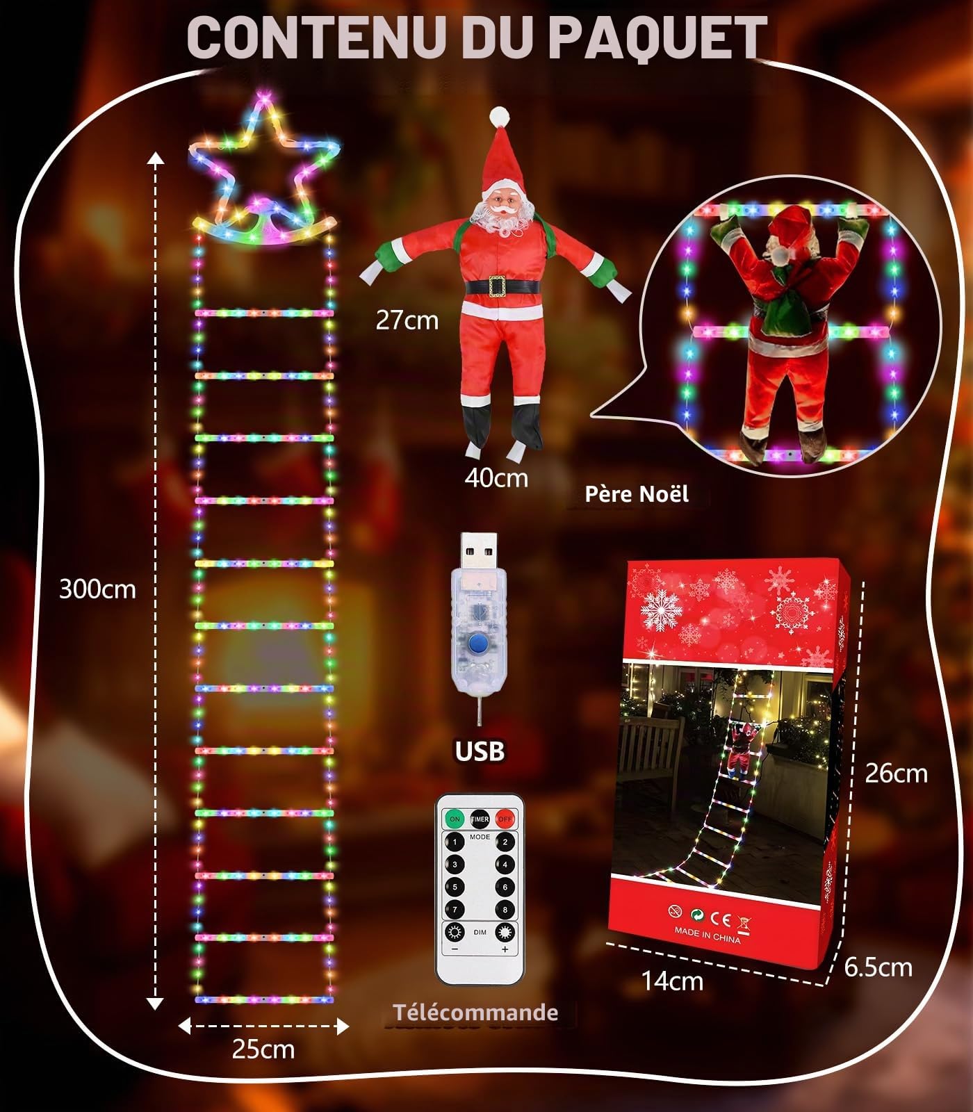 Guirlande Lumineuse Échelle Père Noël, 3 m LED Rideau Lumineux Decoration Noel Etoile Guirlande Lumineuse USB, 8 Modes Christmas Lights avec Père Noël Minuterie Étanche pour Exterieur Interieur