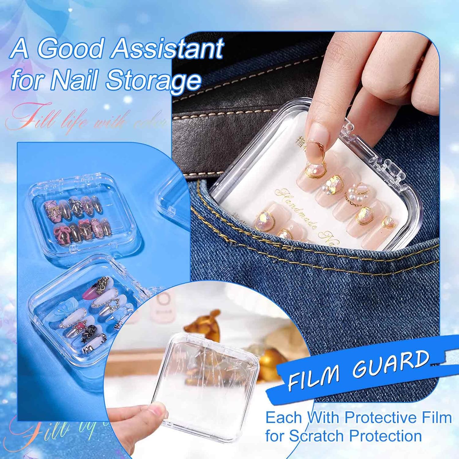 16 Pcs Acrylic Press on Nail Storage Box with Adhesive Double Sided Tape, Press on Nails Packaging Fake Nail Storages Case for Fake Nail Storage Nail Display Nail Salon