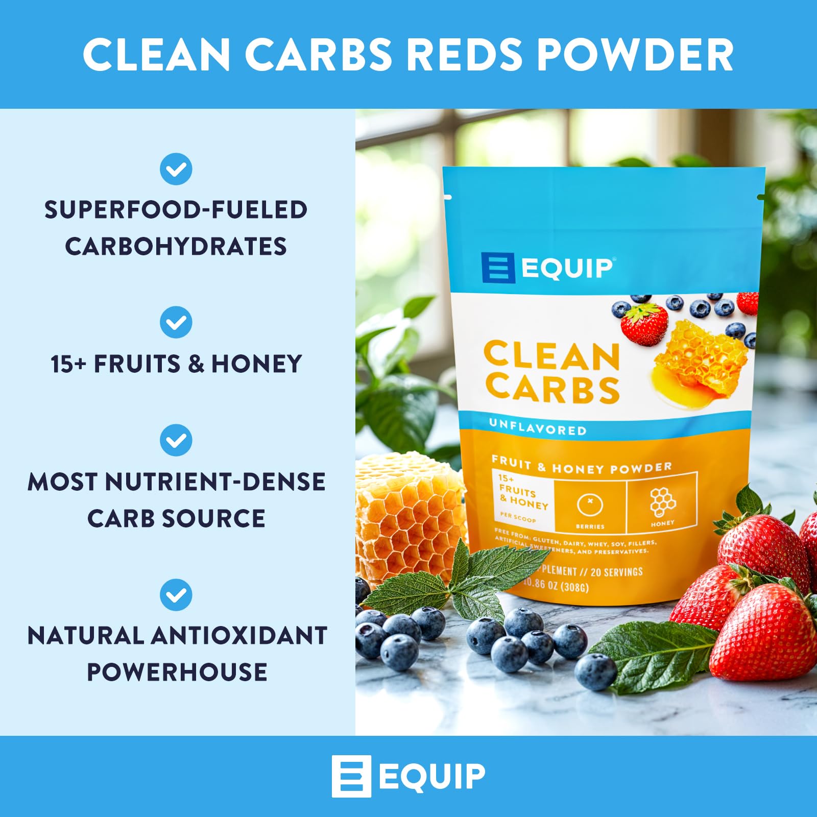Equip Foods Clean Carbs | 15+ Fruits and Honey Superfood Powder | Post Workout Recovery Powder | Antioxidants, Carbohydrate Supplement | Immune Support Carb Cleaner | 20 Servings, Unflavored